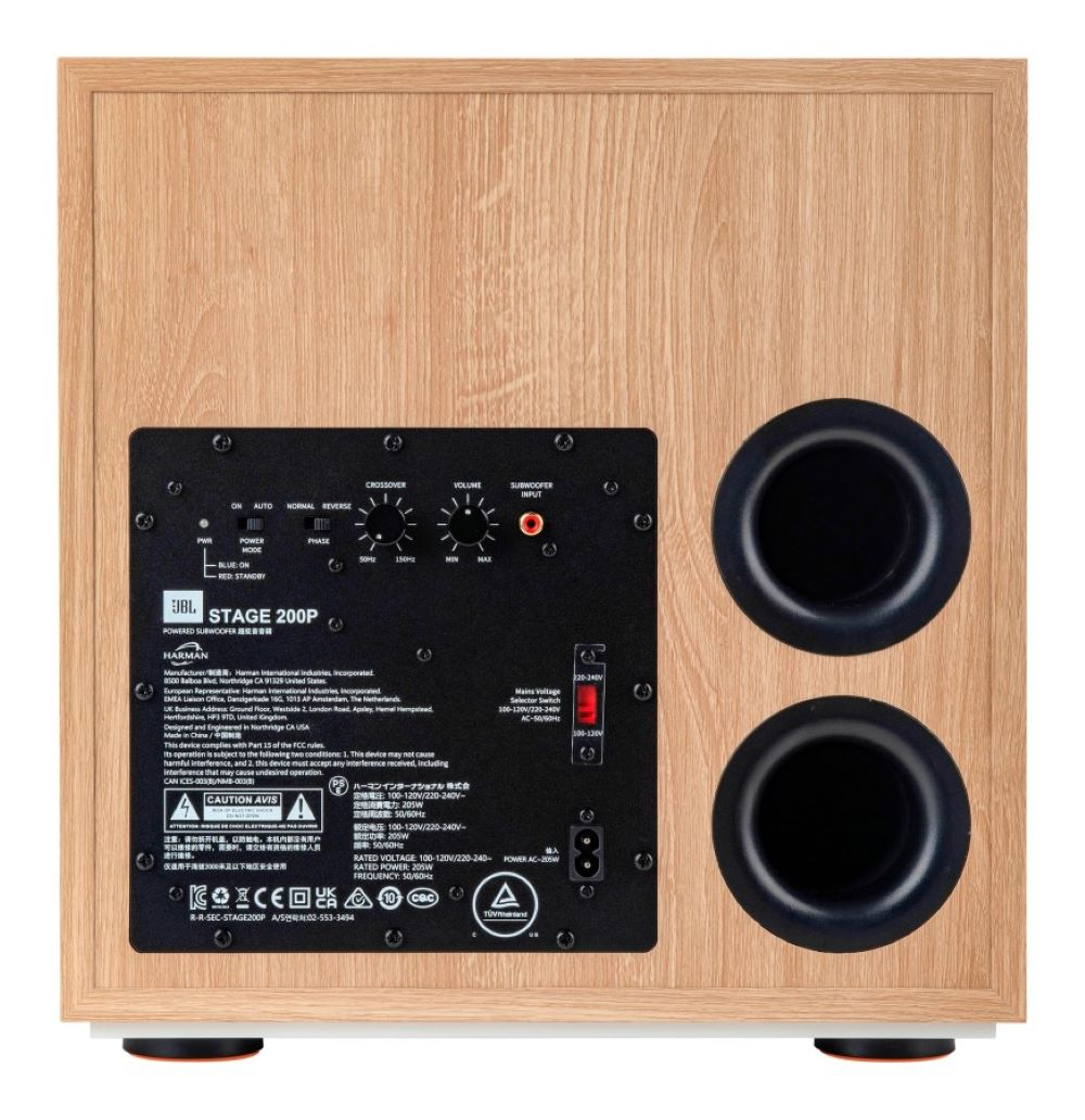 Subwoofer JBL Stage 200P z dwoma portami basowymi i panelem sterowania.