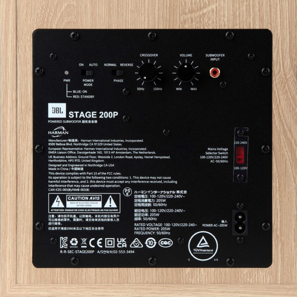Tył subwoofera JBL Stage 200P z portami, kontrolkami i etykietami ostrzegawczymi.