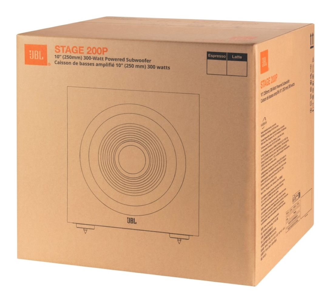 Brązowe pudełko subwoofera JBL z obrazem produktu i detalami.