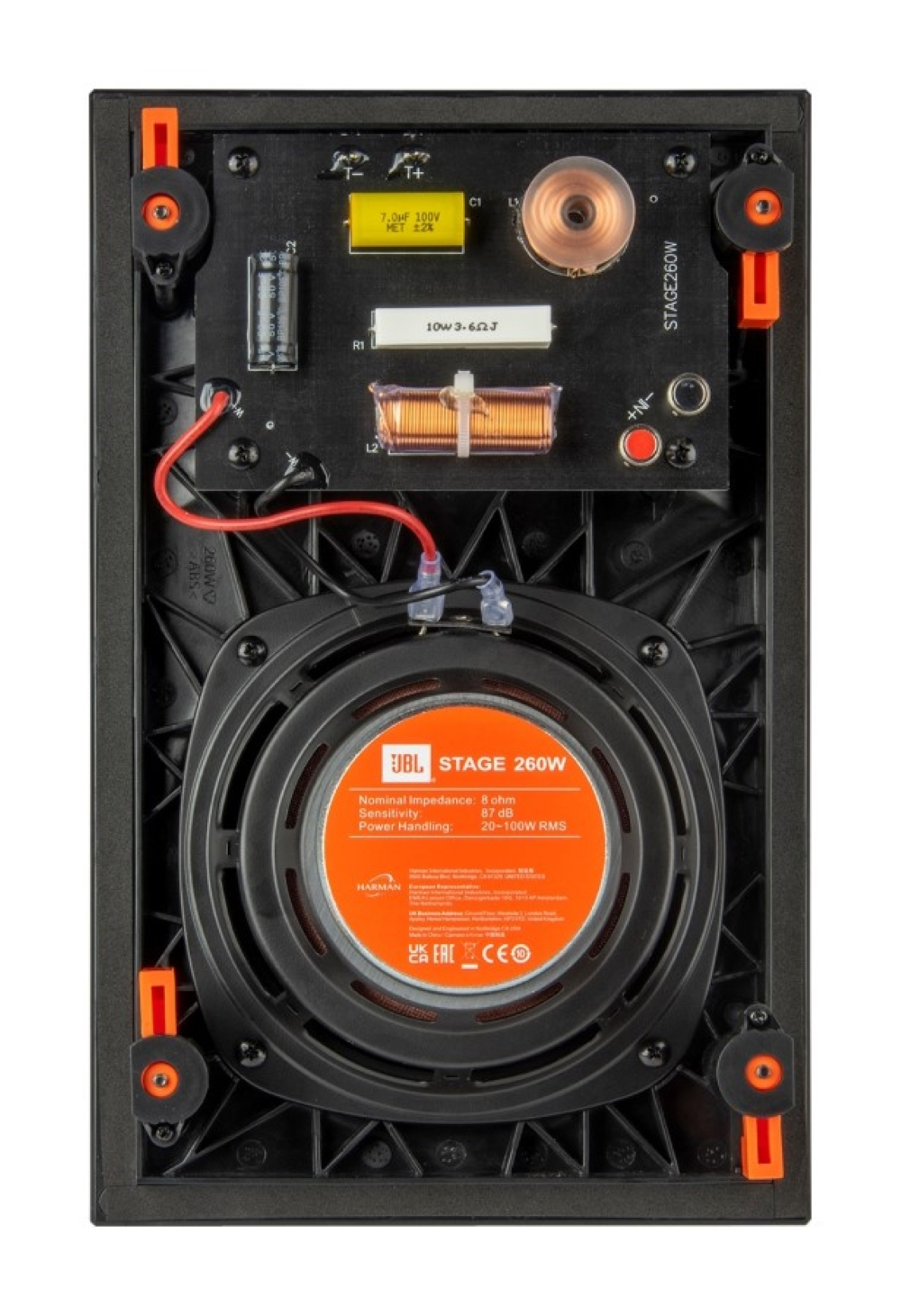 Tył głośnika JBL Stage 260W: zwrotnica, membrana i zaciski.