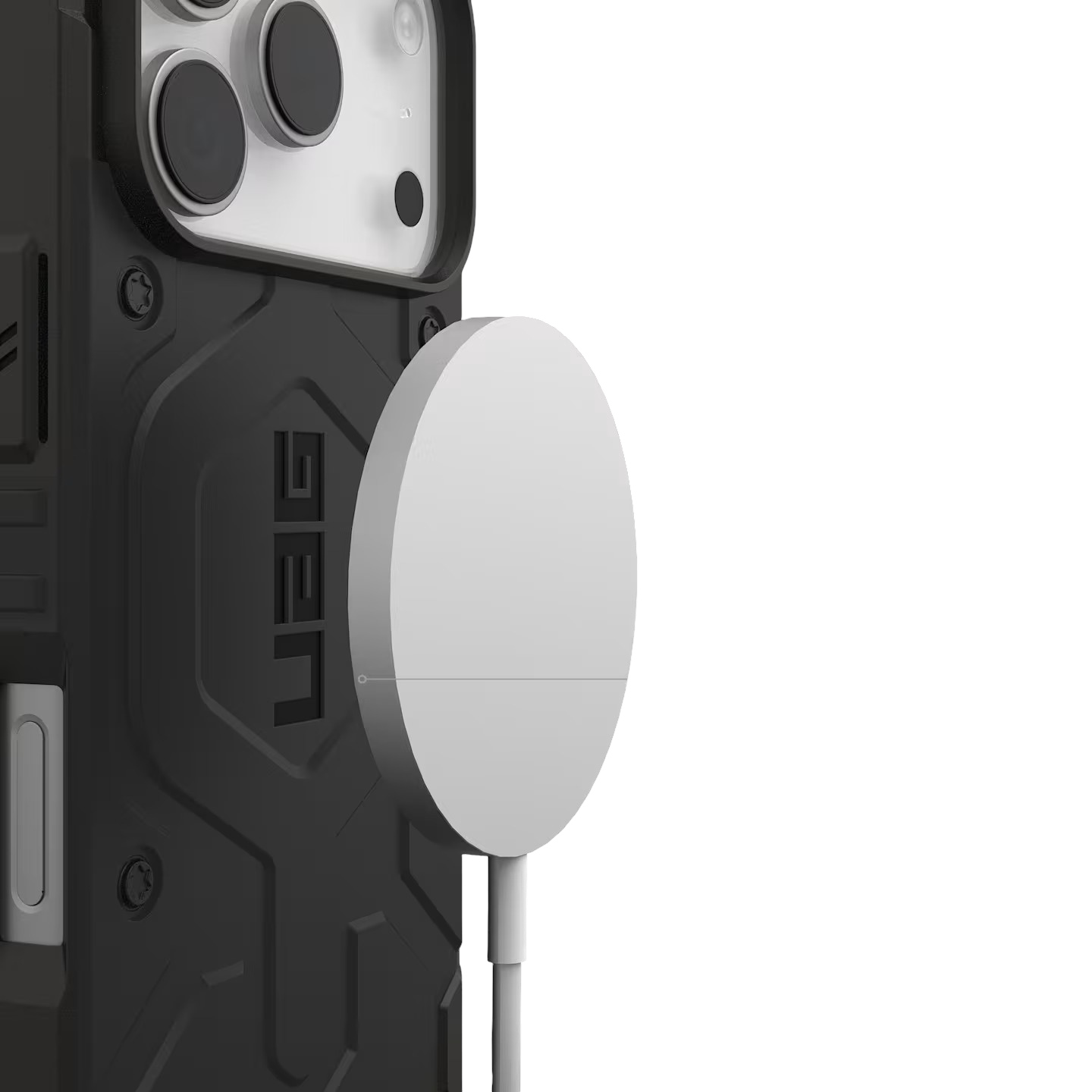 Ein schwarzes Handy-Case mit einer weißen runden Ladeplatte, die mit einem Kabel verbunden ist.