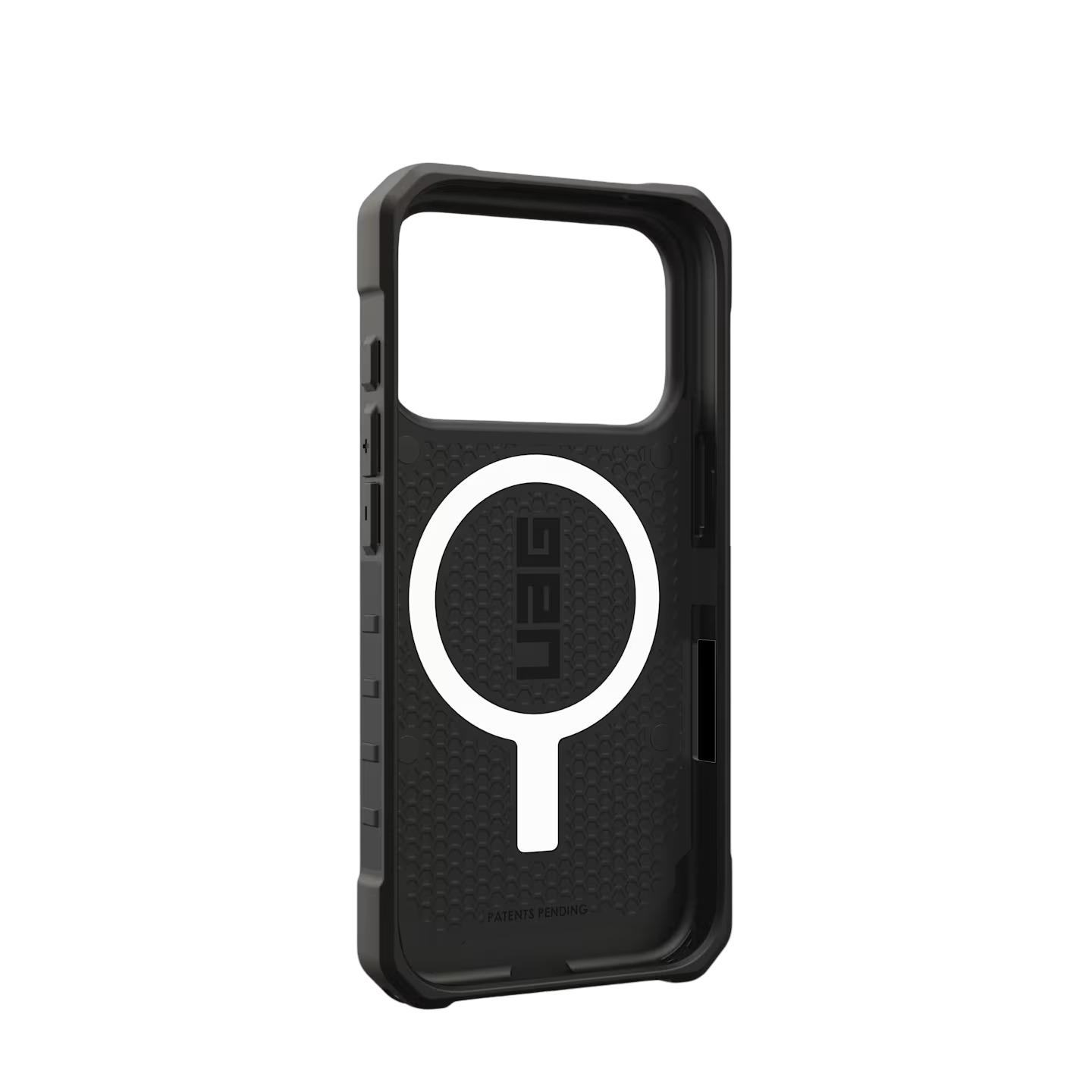 Schwarzes Smartphone-Gehäuse mit weißem Logo und strukturiertem Muster.