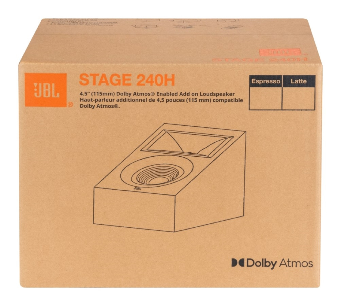 Pudełko głośnika JBL Stage 240H z logo Dolby Atmos.