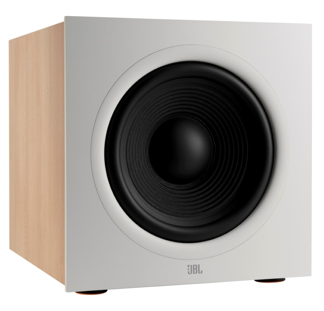 Biały subwoofer z drewnianymi bokami i czarnym głośnikiem.