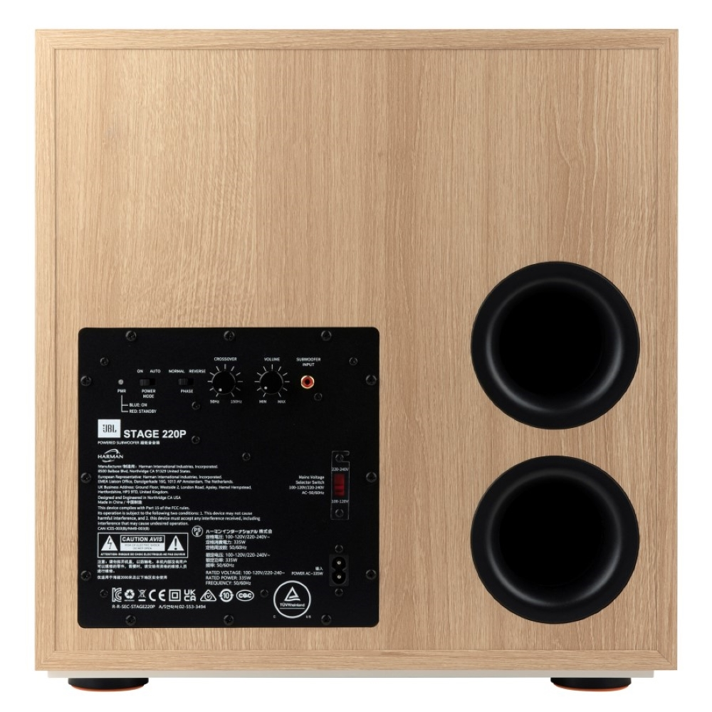 Jasny drewniany subwoofer z dwoma czarnymi portami bass reflex i czarnym panelem.