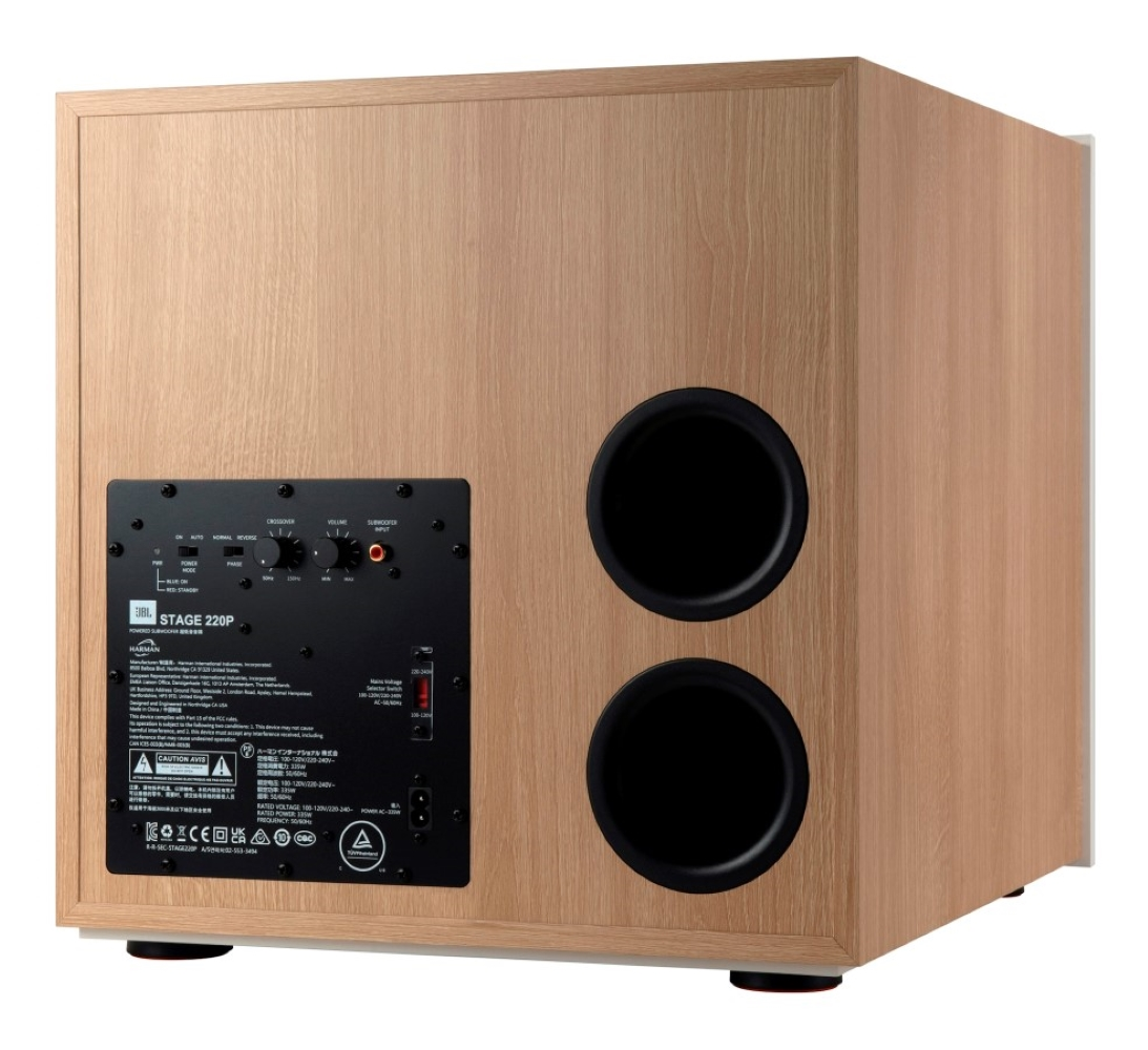 Drewniany subwoofer z czarnymi portami i panelem sterowania z tyłu.