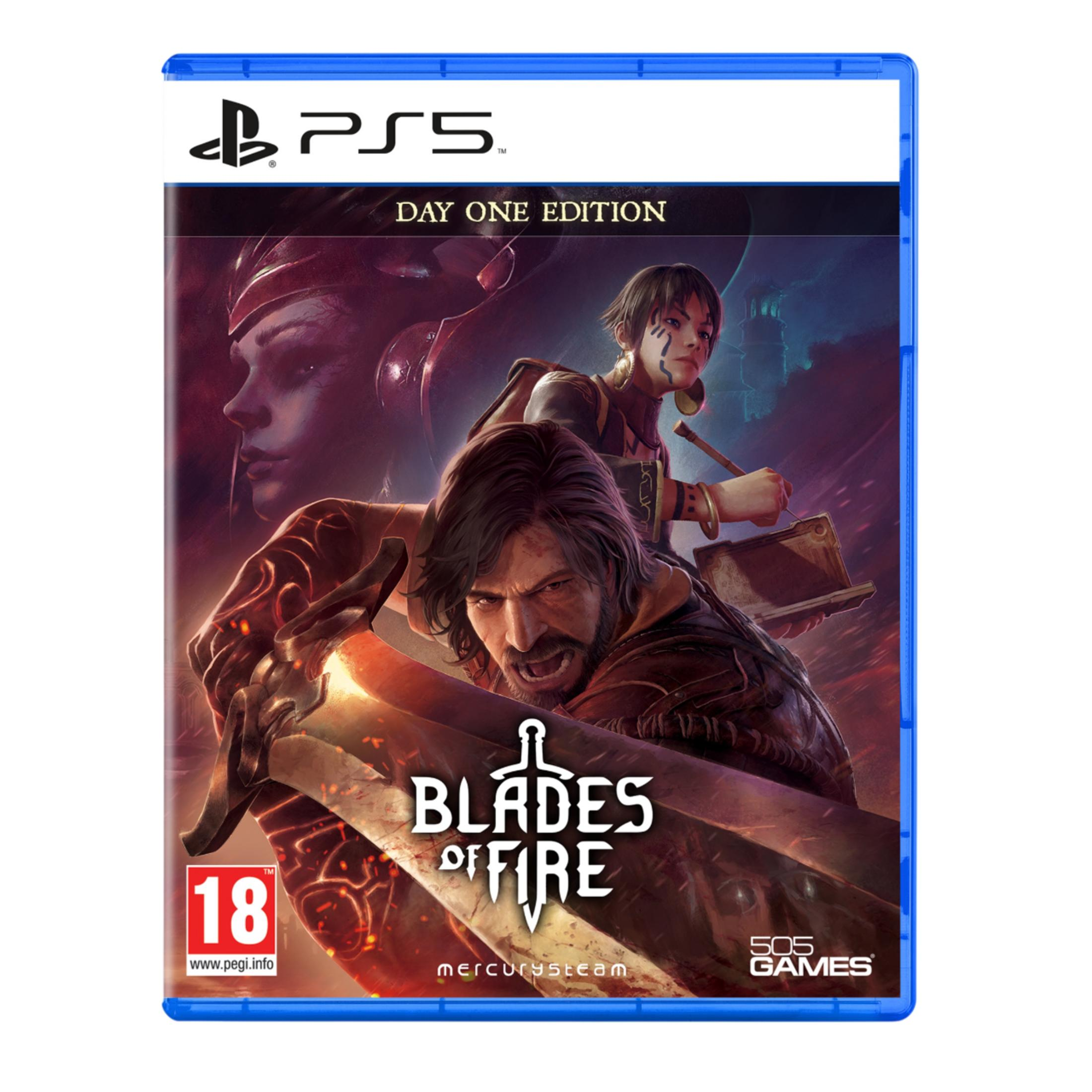 Custodia gioco PS5: Blades of Fire, Edizione Day One. Guerrieri minacciosi con spada infuocata.