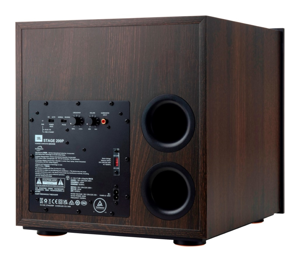Ciemnobrązowy drewniany subwoofer z przyłączami i dwoma portami bass reflex.