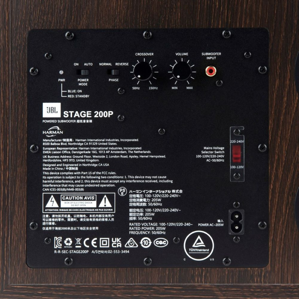 Tylny panel subwoofera JBL Stage 200P, z pokrętłami, wejściami i etykietami.