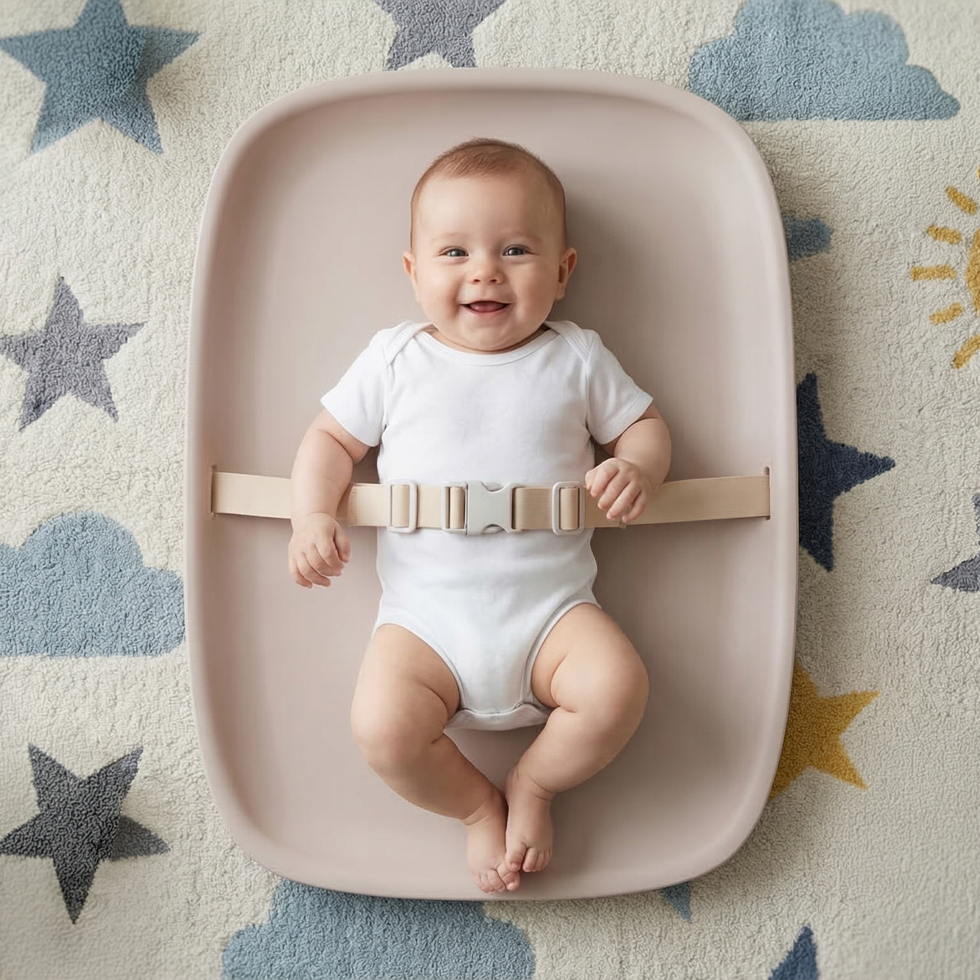 Uśmiechnięte dziecko w białym body na różowej macie do przewijania na dywanie w gwiazdki.