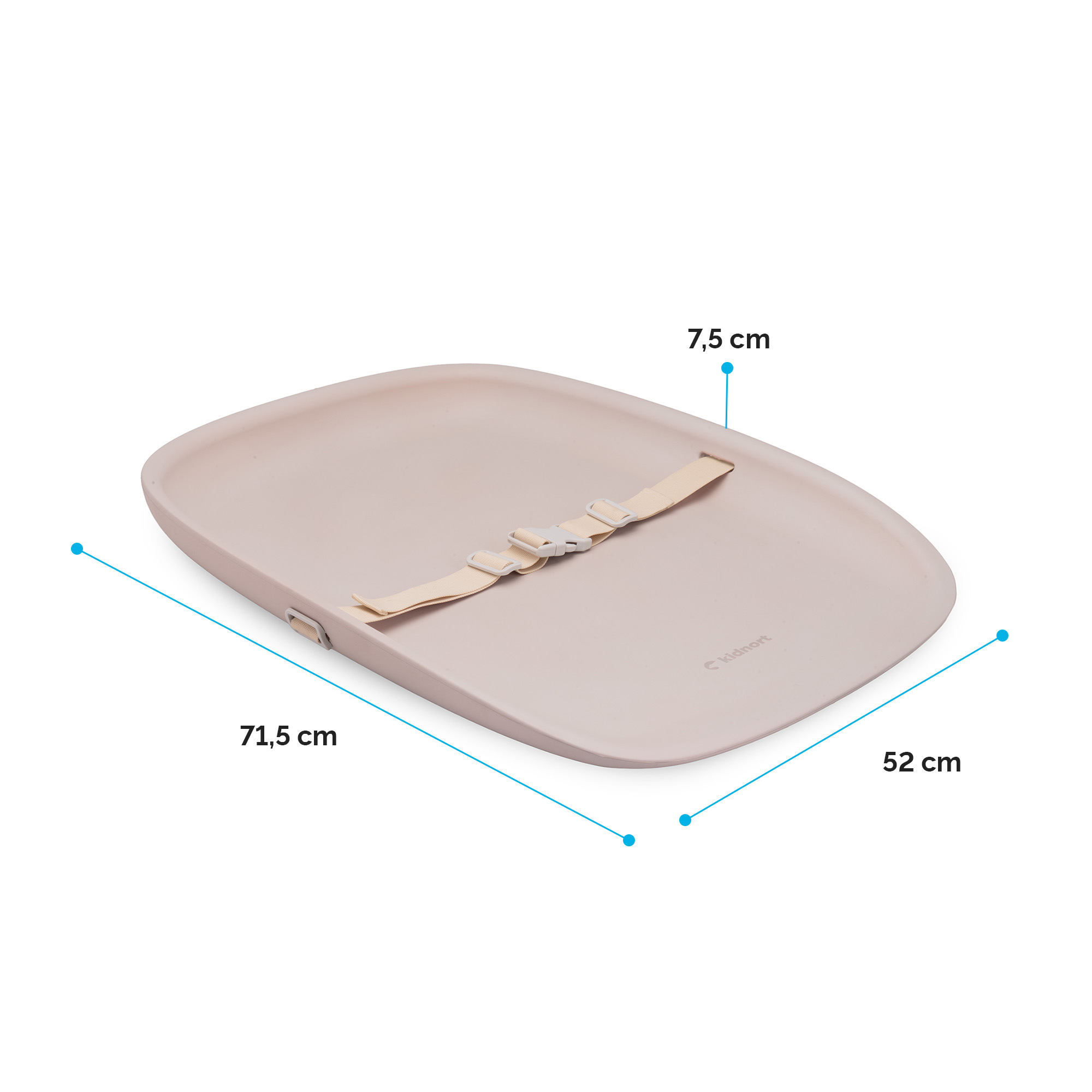 Jasnoróżowa mata do przewijania o wymiarach 71,5 cm, 52 cm i 7,5 cm.