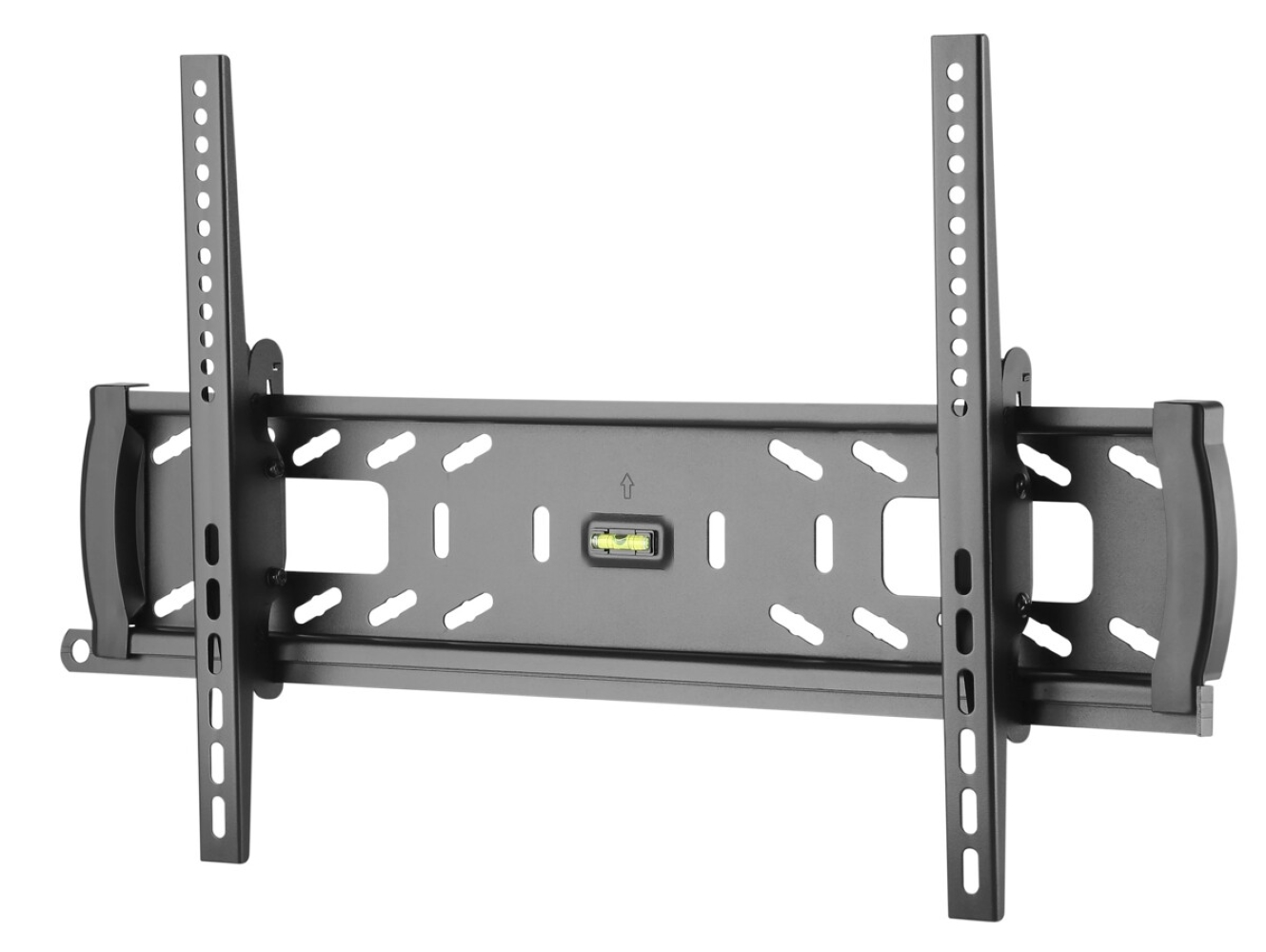 Czarny metalowy uchwyt ścienny do telewizora z regulowanymi ramionami i libelką.