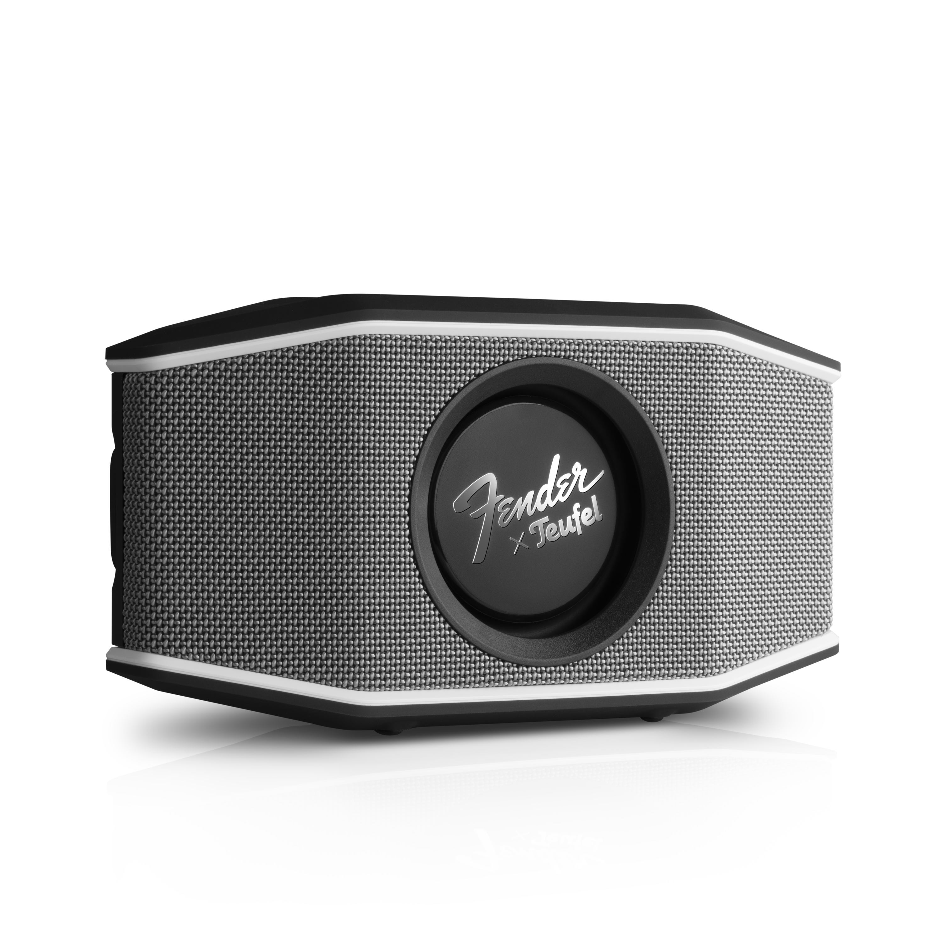 Ein grauer Lautsprecher mit schwarzem Fender x Teufel Logo auf weißem Hintergrund.