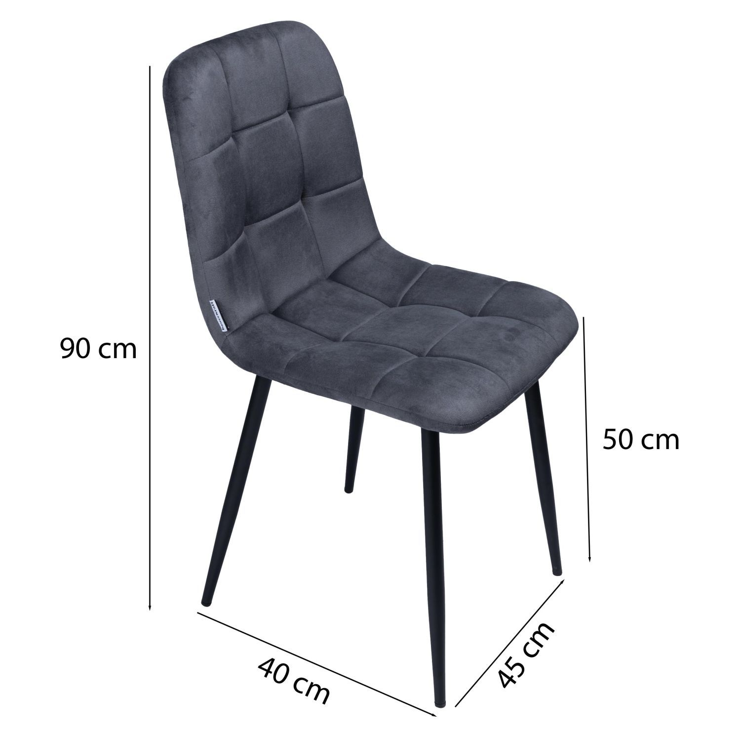 Ciemnoszary tapicerowany krzesło z czarnymi nogami. Wysokość 90cm, szerokość 40cm.