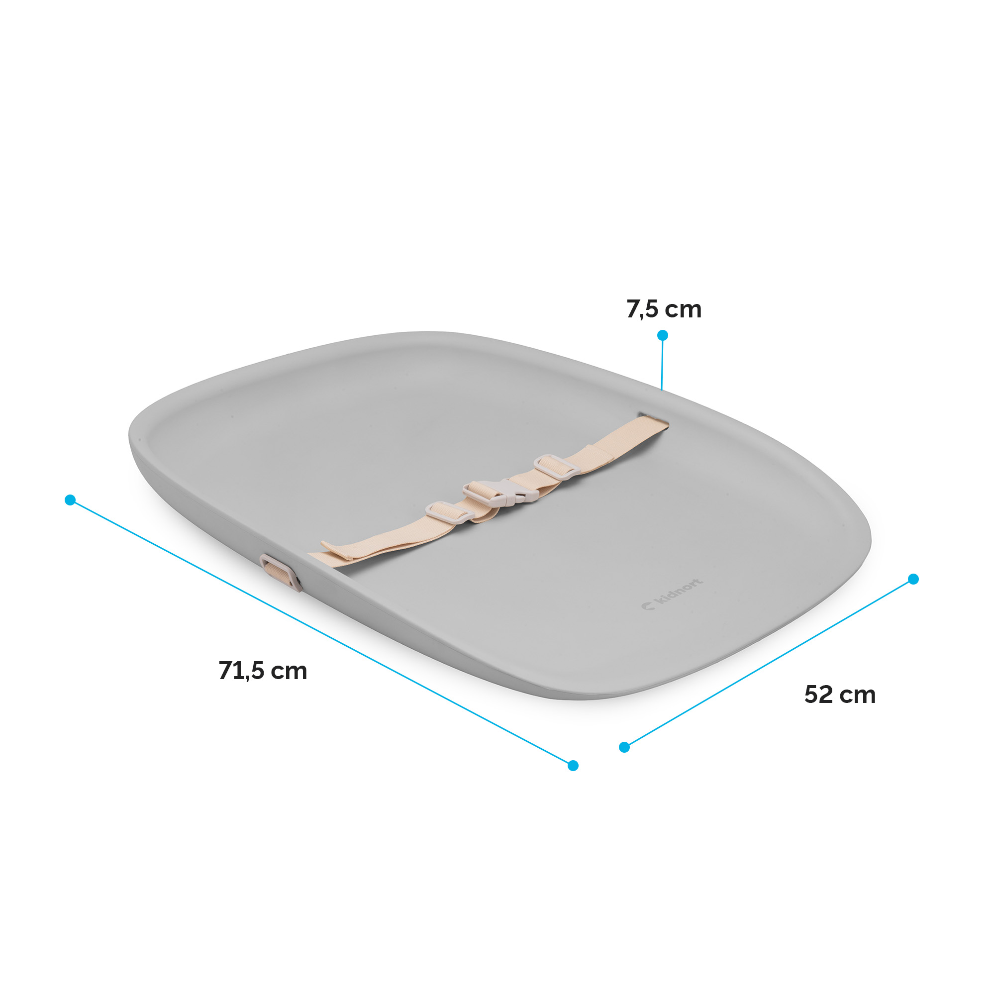 Szara mata do przewijania z paskami, wymiary 71,5 cm dł., 52 cm szer., 7,5 cm wys.