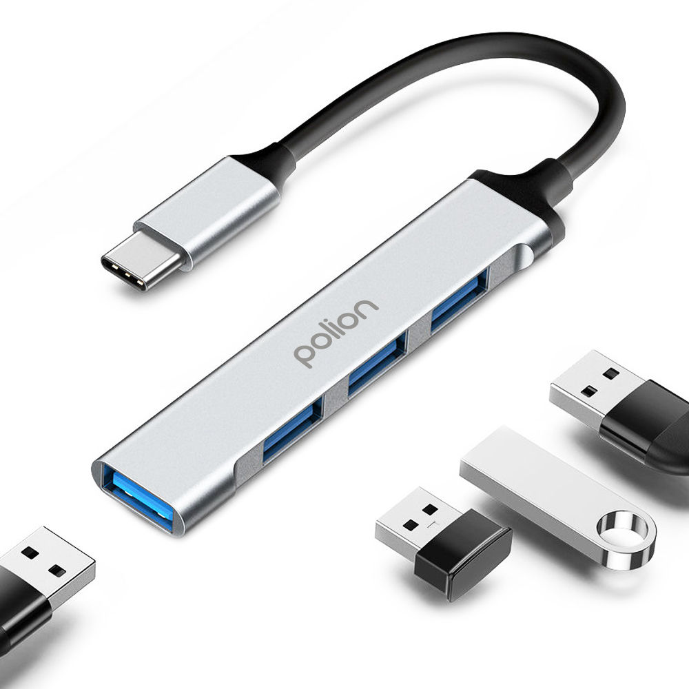 Srebrny hub USB-C z czterema niebieskimi portami USB i kablem.