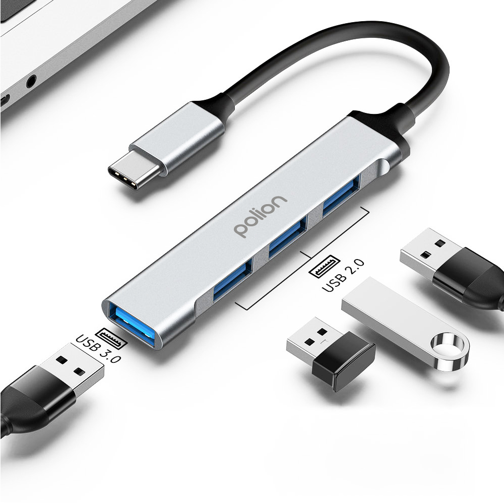 Srebrny hub USB-C z trzema portami USB i jednym portem USB 3.0.