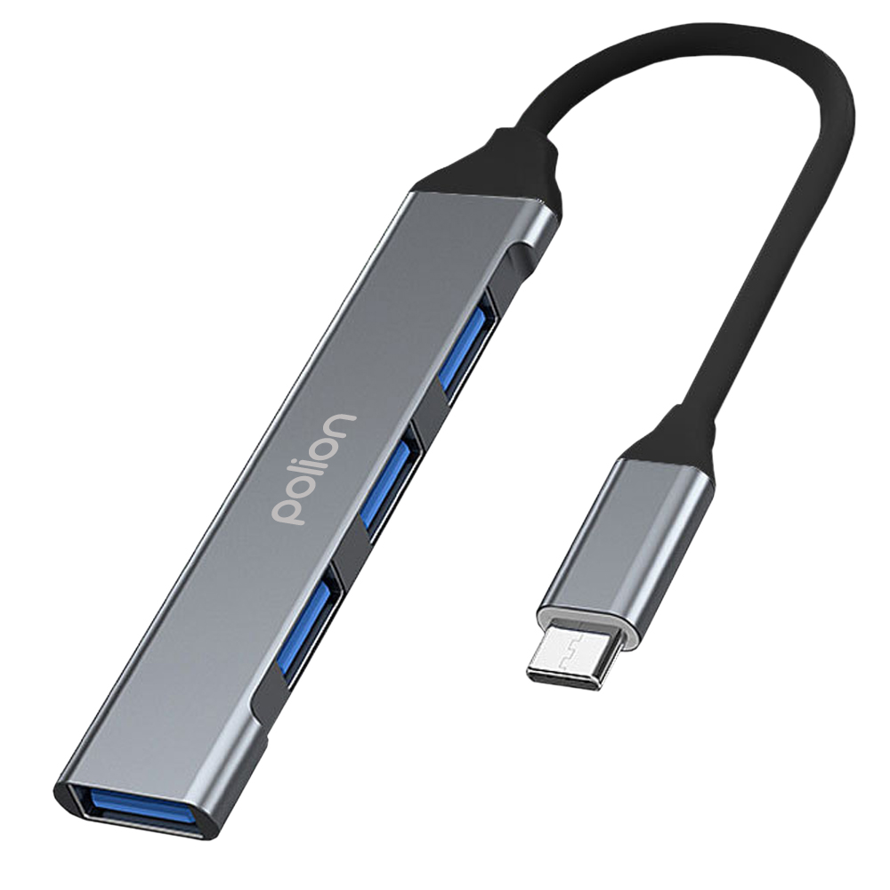 Szary hub USB z logo 'polion', czterema niebieskimi portami USB i złączem USB-C.