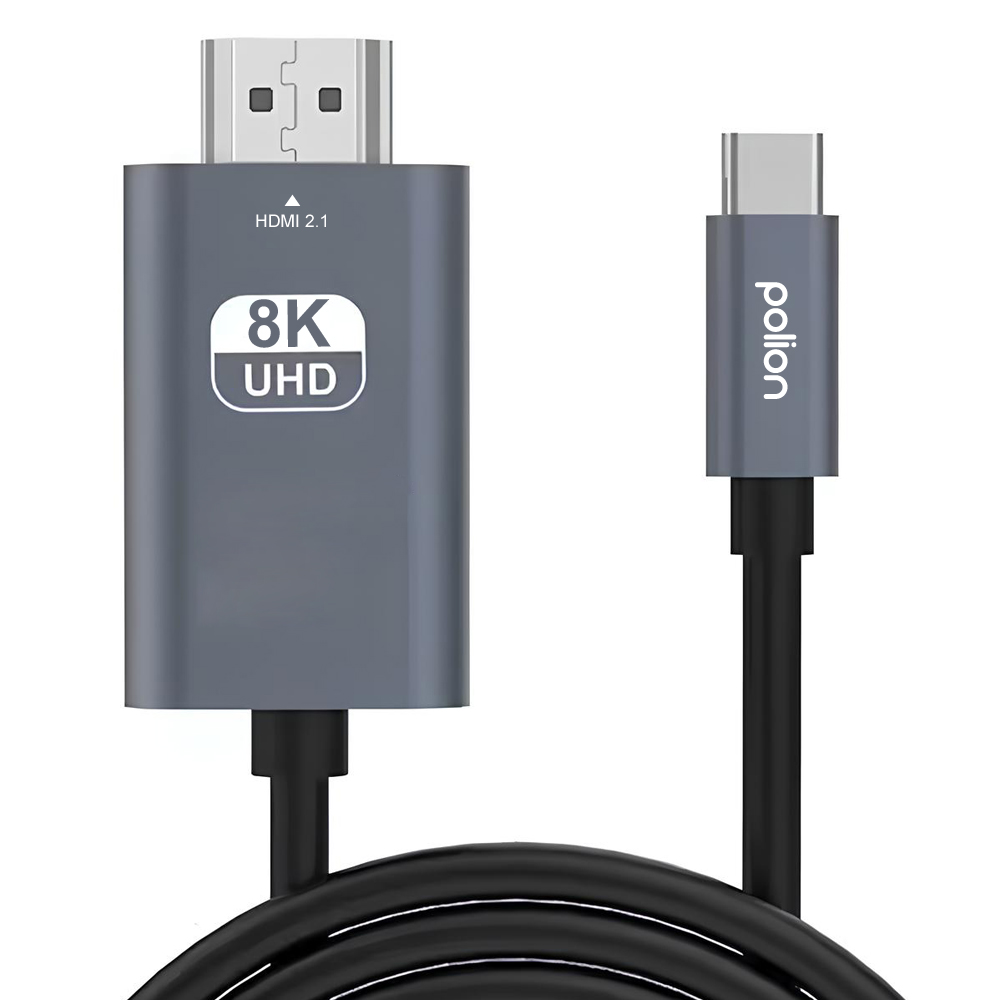 Szary kabel HDMI 2.1 z nadrukiem 8K UHD i złączem USB-C.