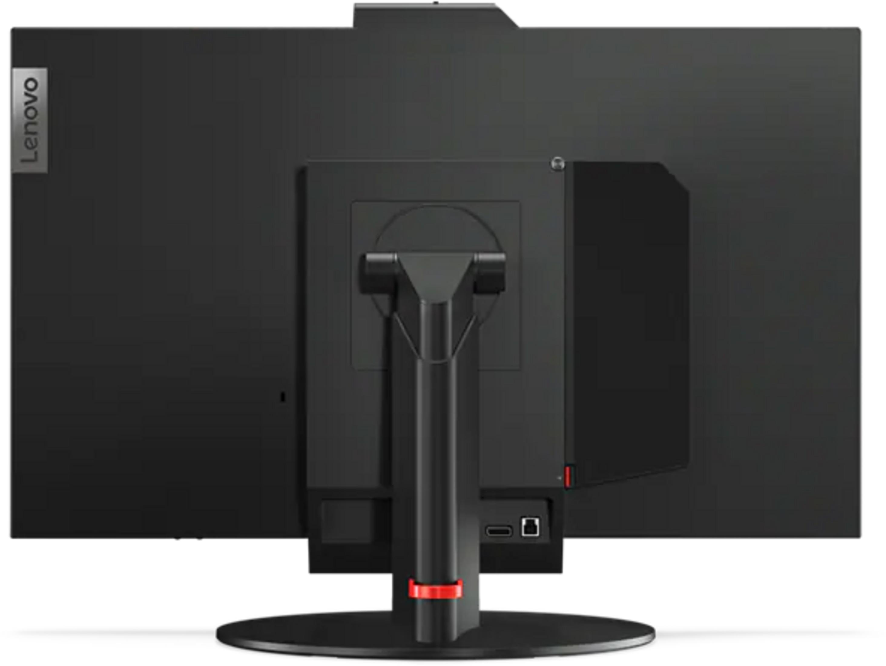 Rückseite eines schwarzen Lenovo Monitors mit silbernem Logo und Anschlussfeldern.