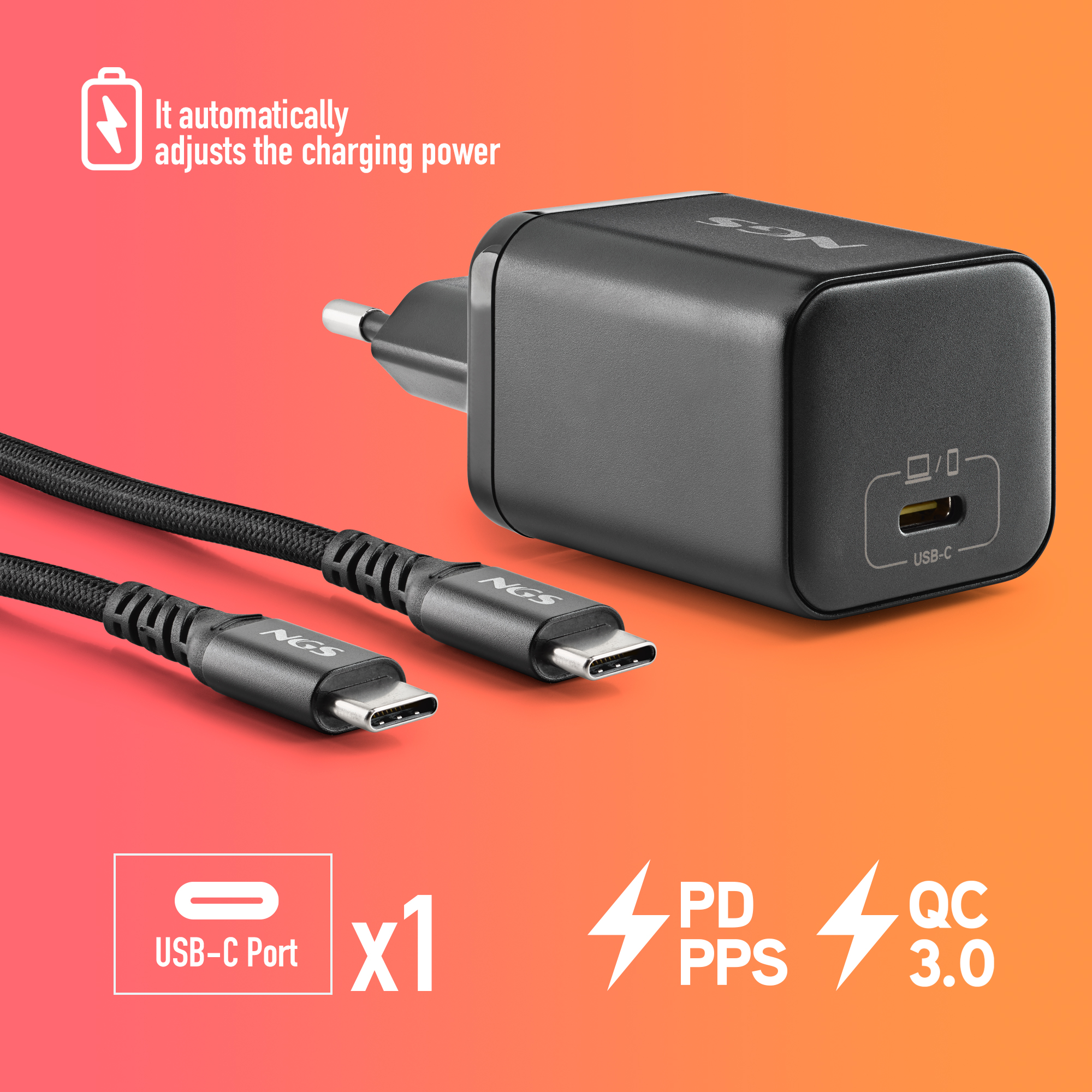 Un caricatore USB-C nero con cavo. Regola automaticamente la potenza di carica.