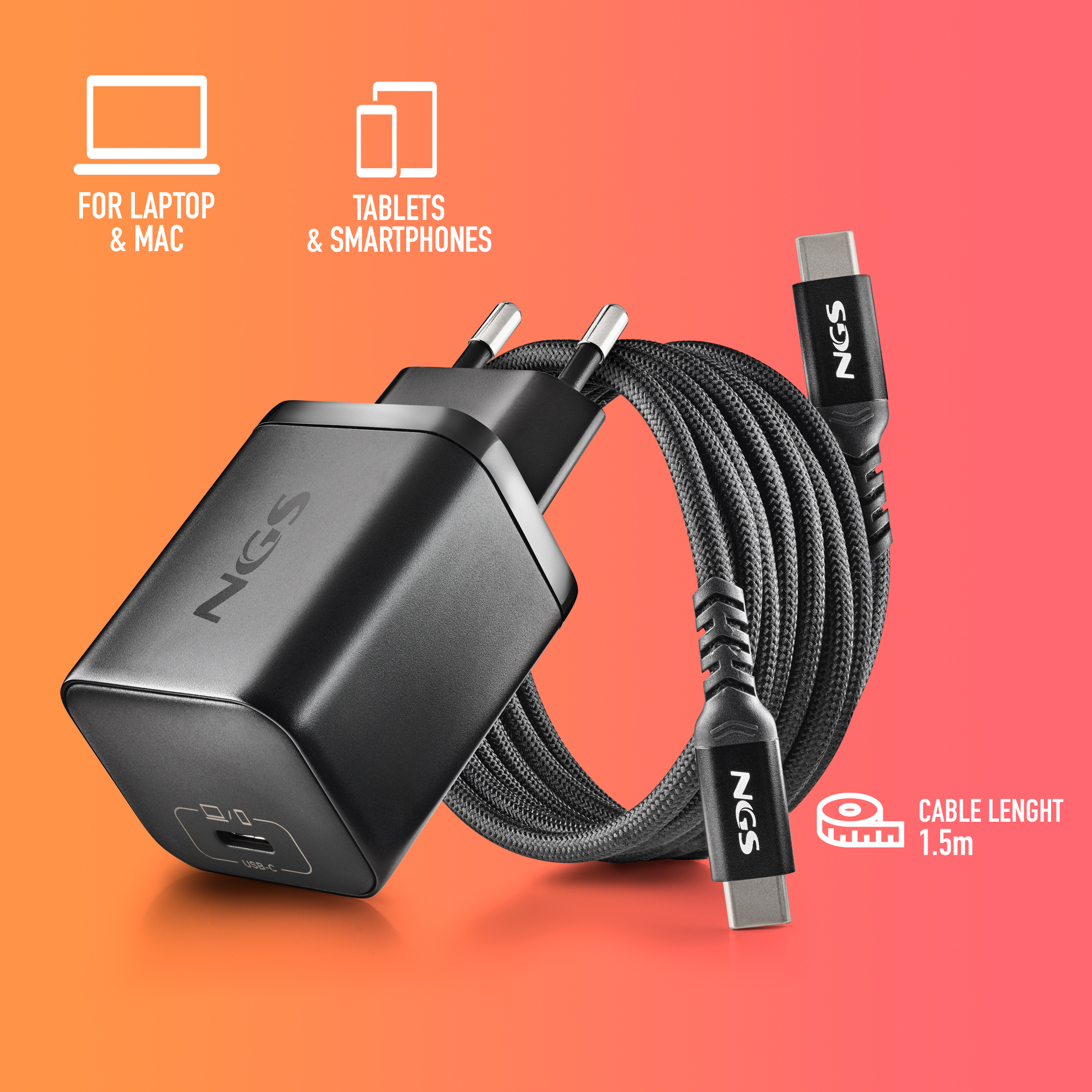 Caricatore USB-C nero e cavo da 1,5 m per laptop, tablet e smartphone.