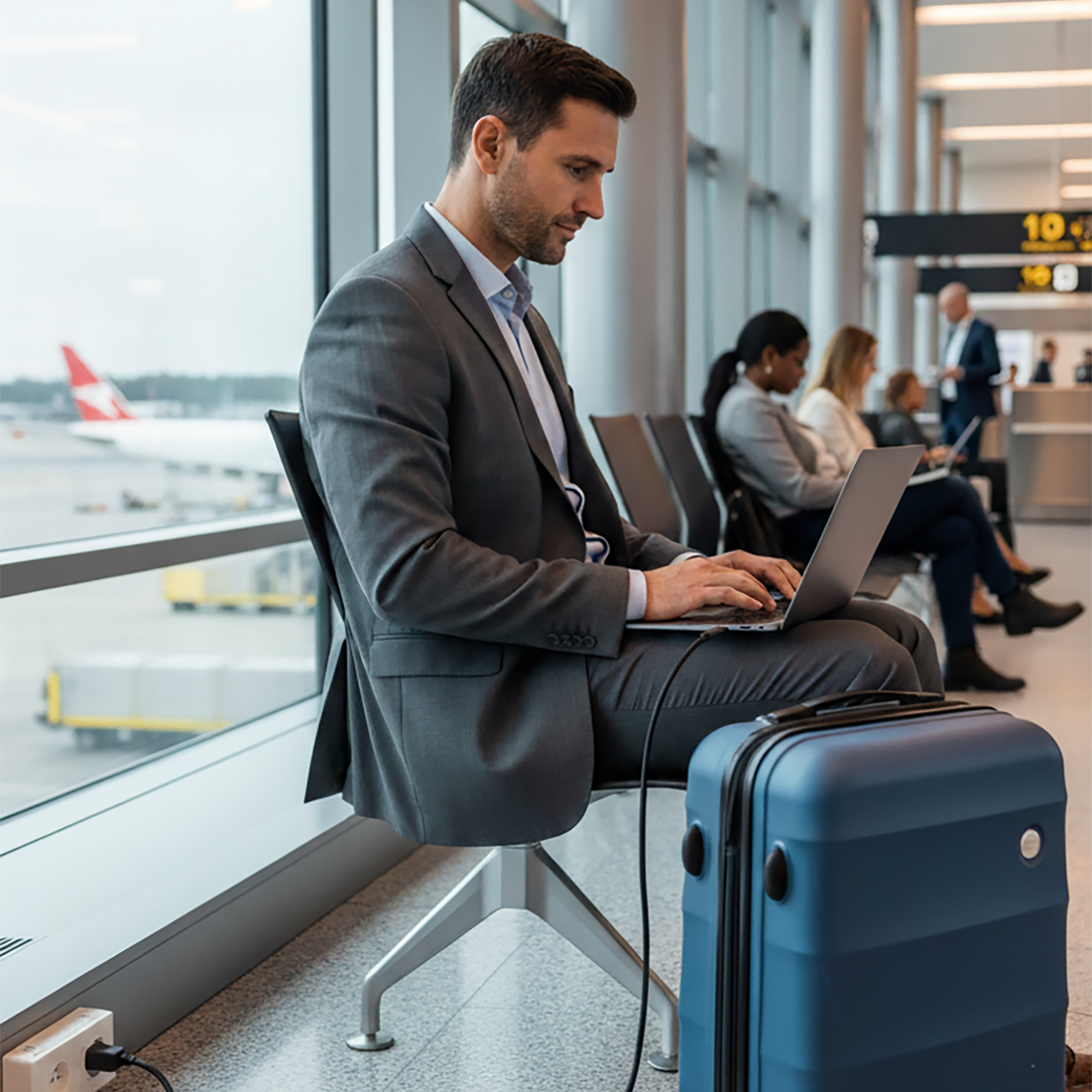 Uomo in giacca e cravatta lavora al laptop nella lounge dell'aeroporto vicino a valigia blu.