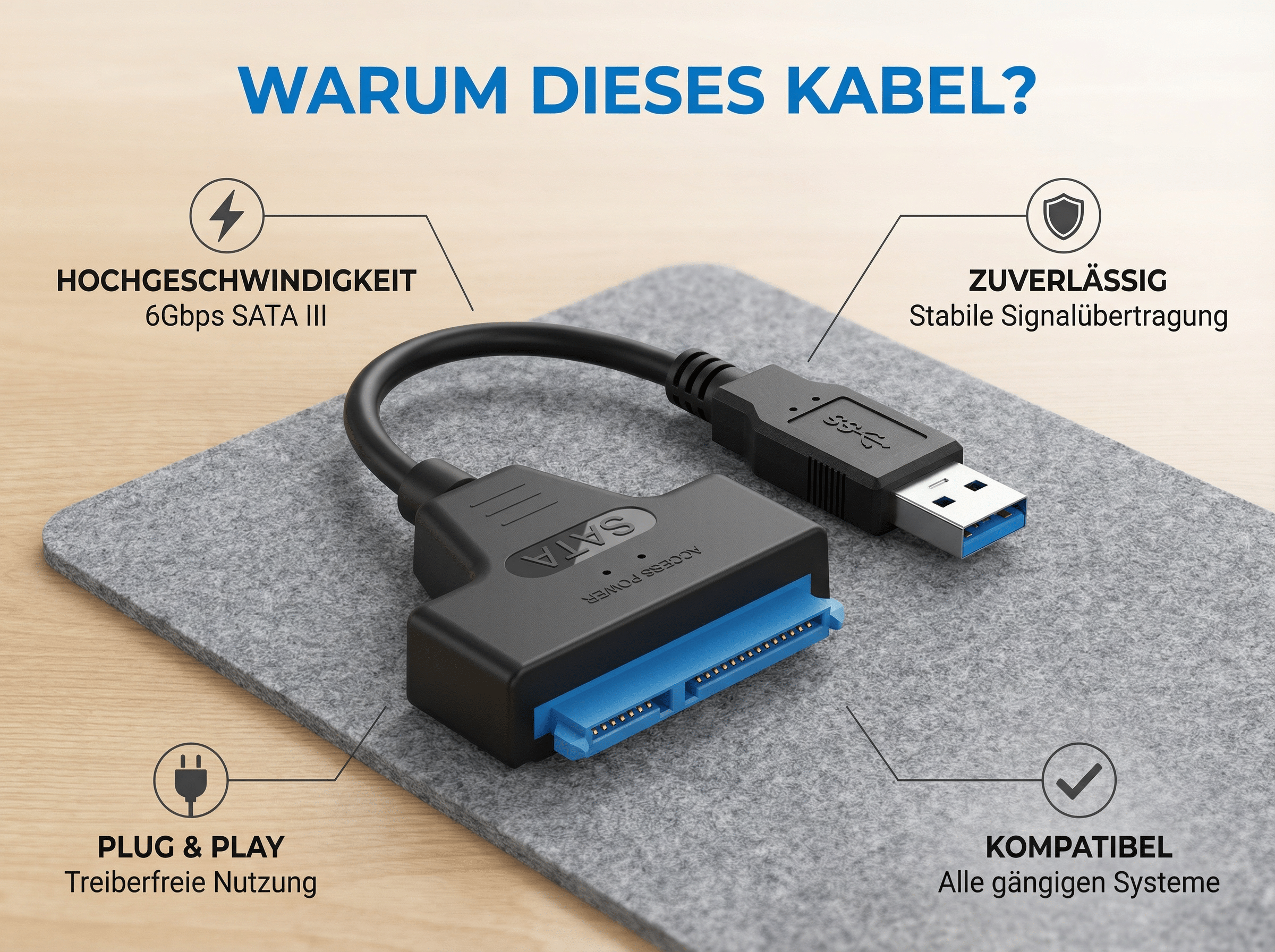 USB-zu-SATA-Adapter mit Schnelligkeits-, Zuverlässigkeits- und Plug&Play-Merkmalen.