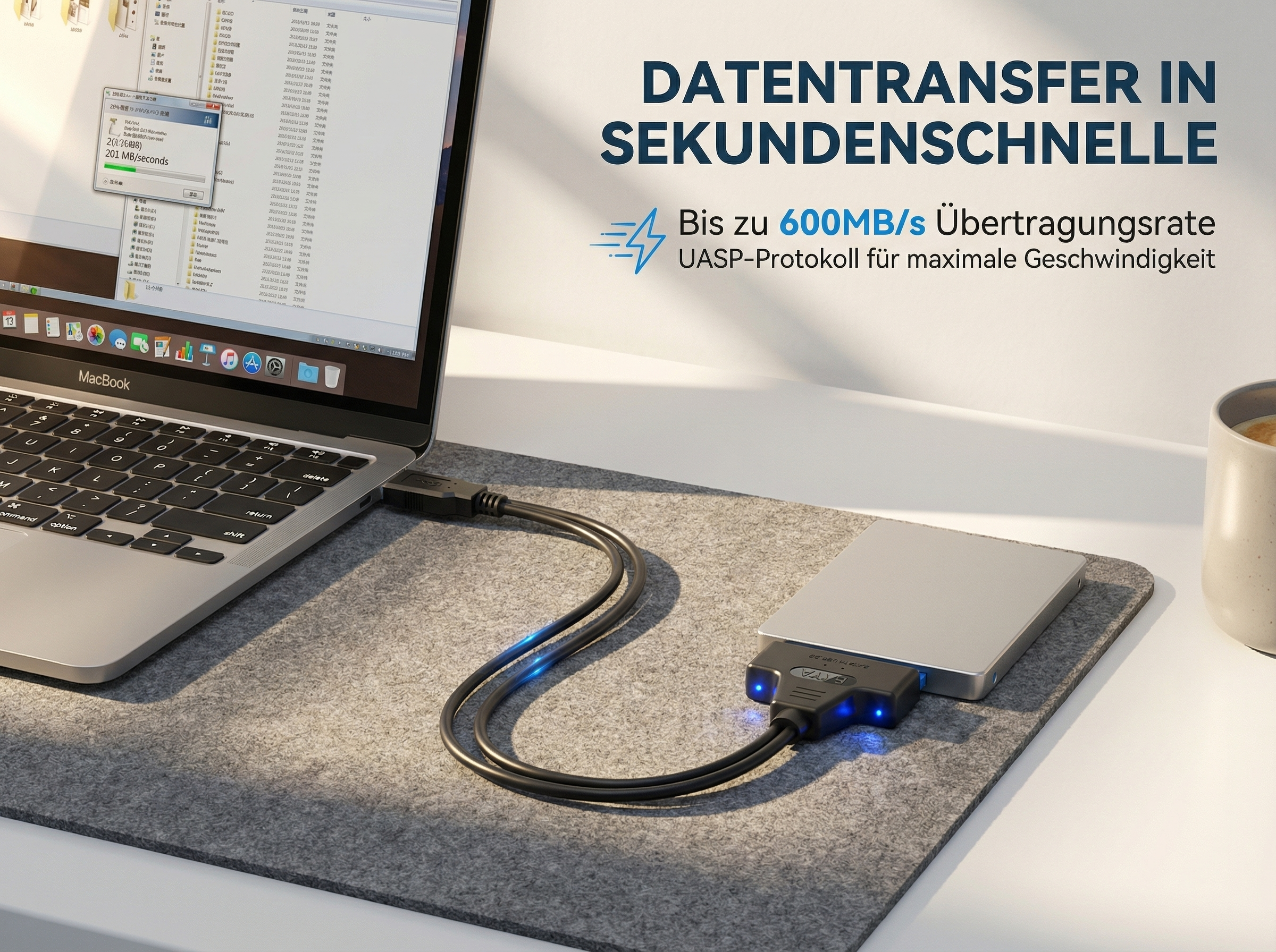 MacBook mit externer Festplatte verbunden, zeigt Datentransfer an.