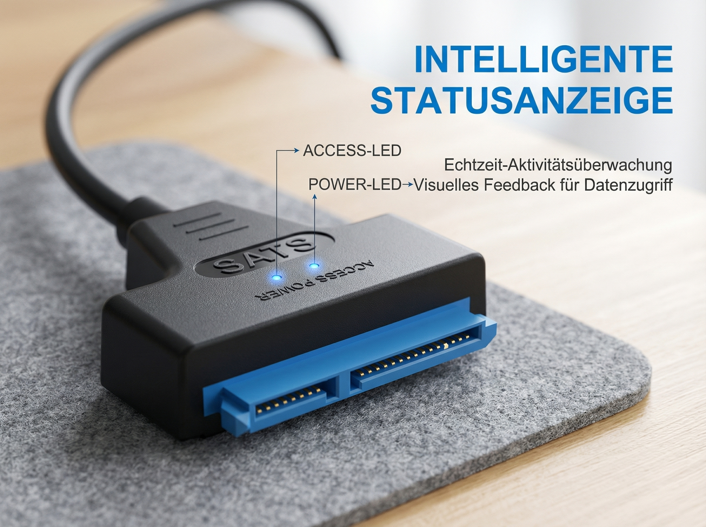 Schwarzer SATA-Adapter mit blauen Anschlüssen und leuchtenden LEDs auf Filzunterlage.