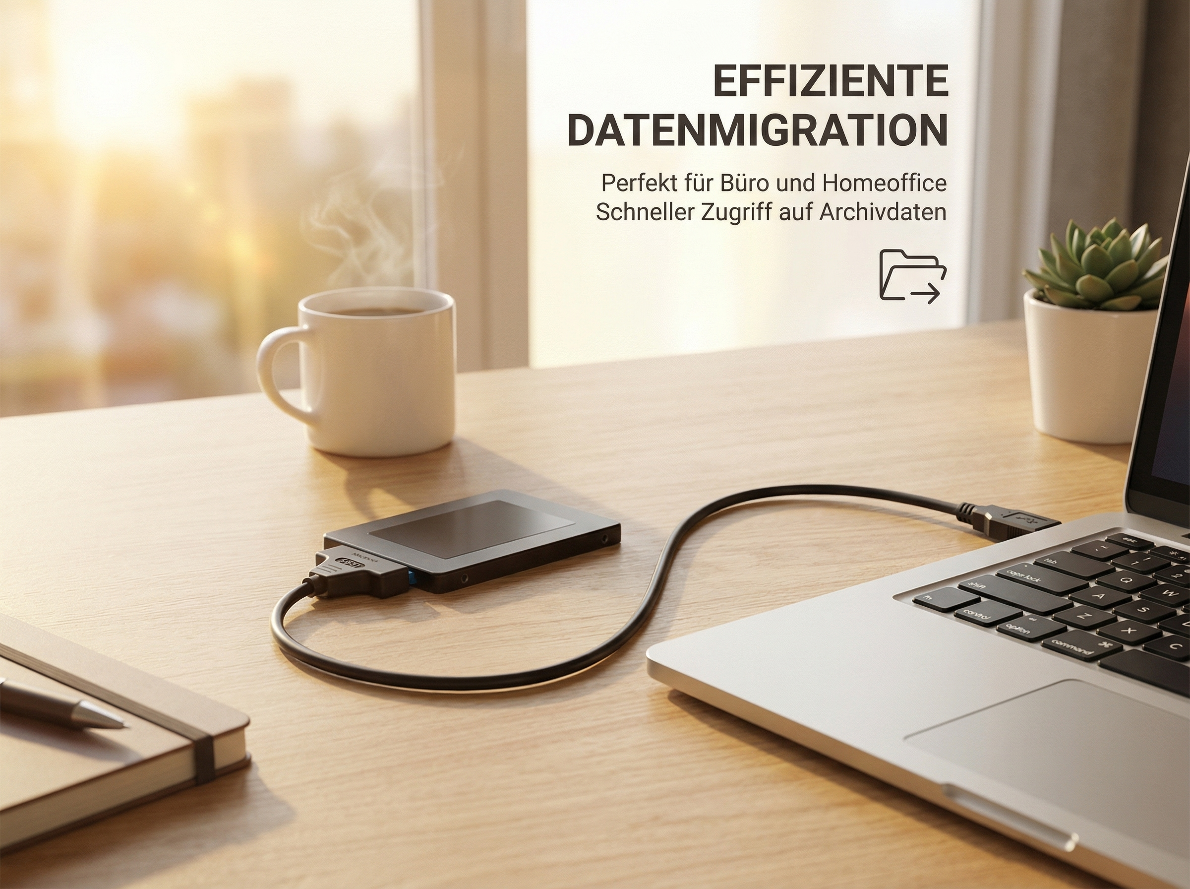 Externes Laufwerk mit Laptop verbunden, Tasse Kaffee daneben.