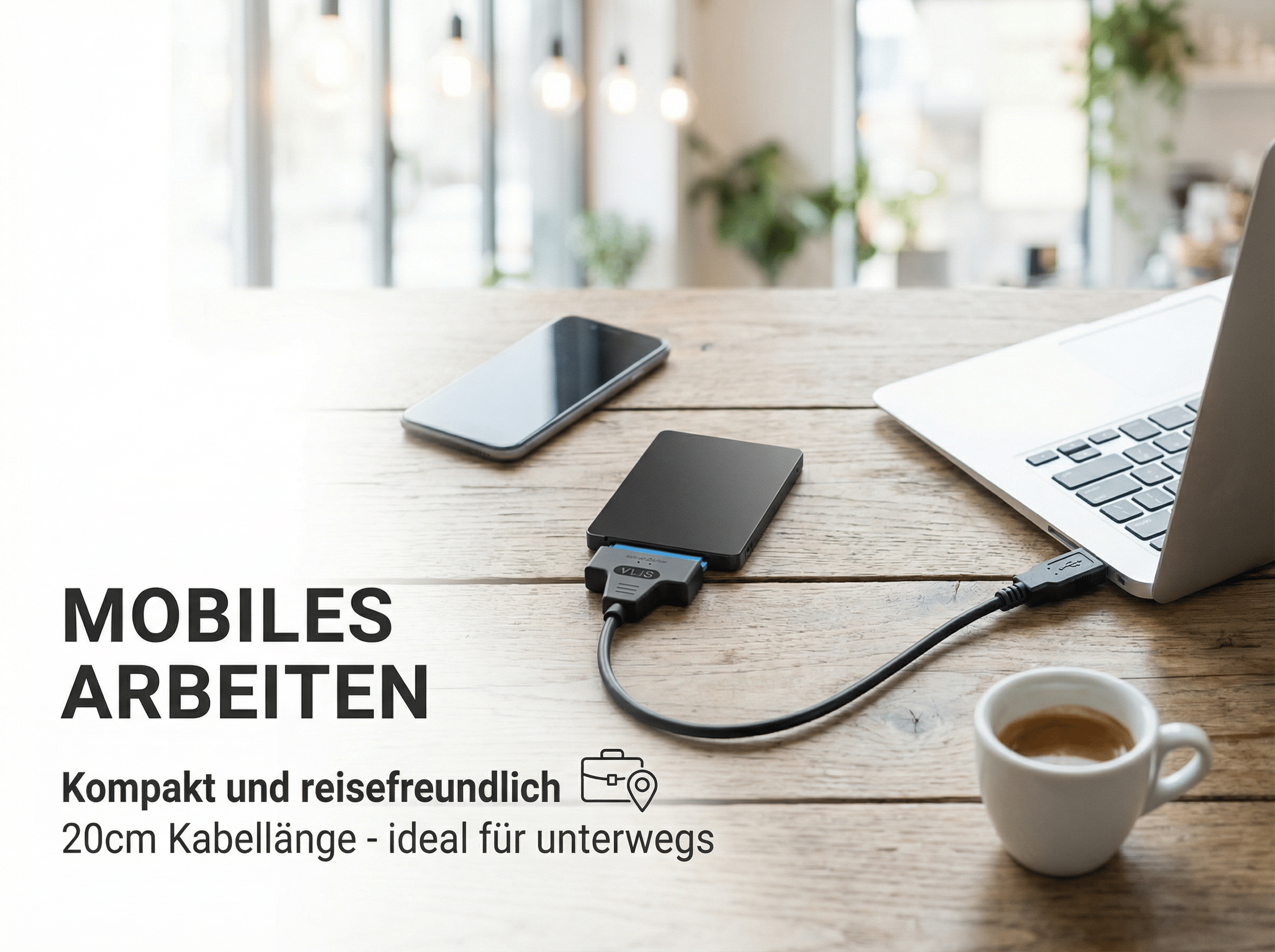 Ein Laptop, Smartphone, Festplatte und Kaffeetasse auf einem Holztisch.