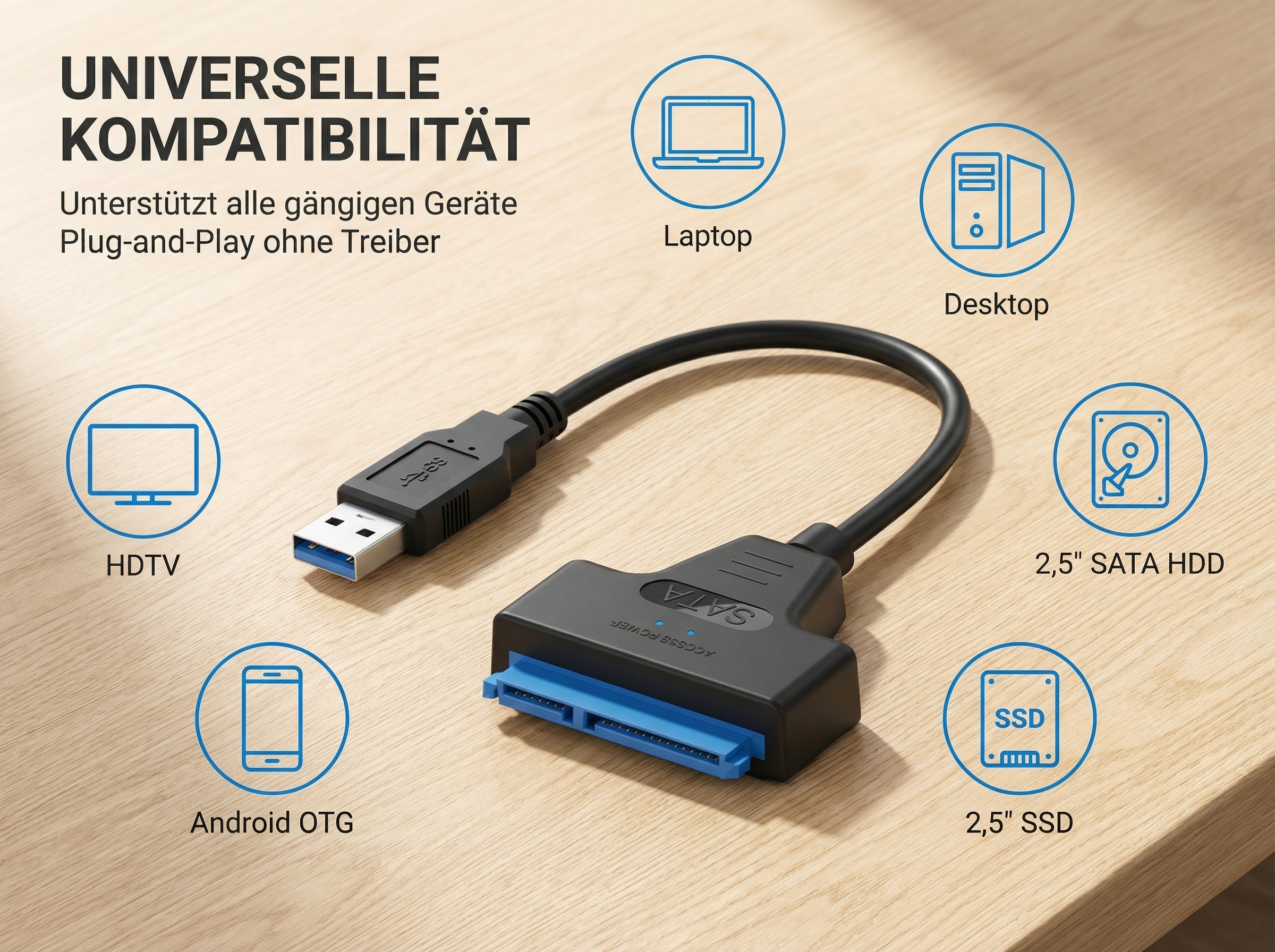 USB-zu-SATA-Adapterkabel mit Symbolen für Laptop, Desktop, HDTV, Android OTG, HDD und SSD.