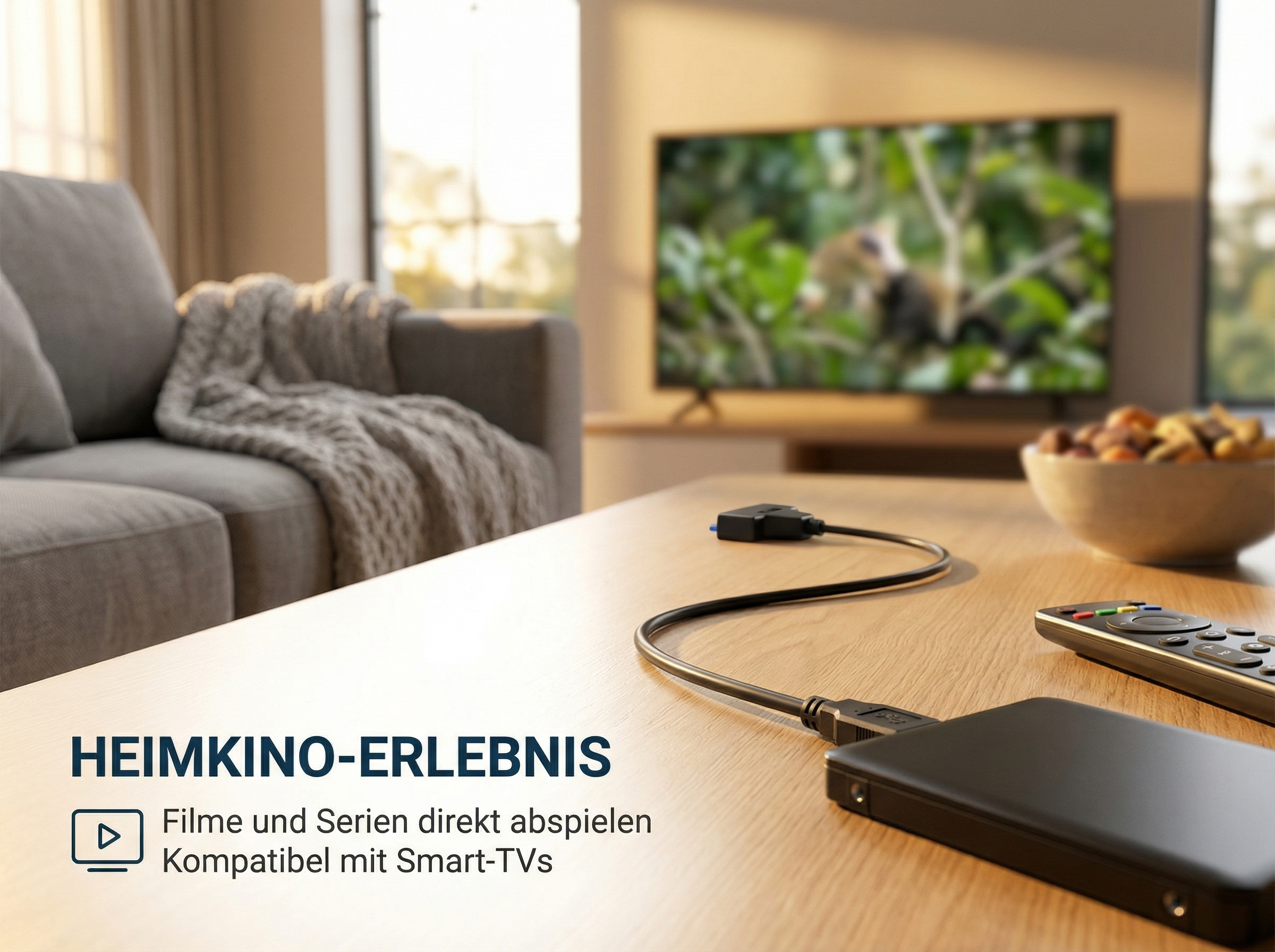 Ein Wohnzimmer mit Fernseher, Sofa, Fernbedienung und Festplatte.