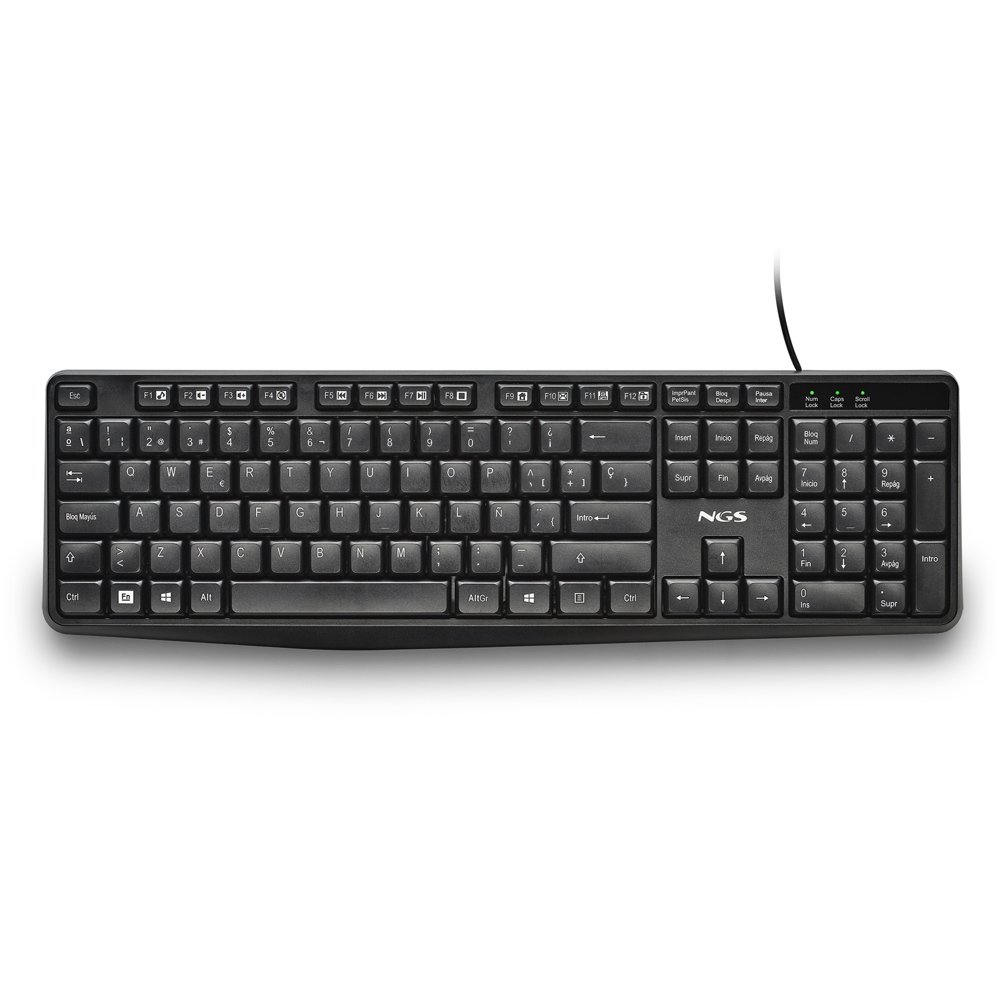 Tastiera del computer nera con cavo USB su sfondo bianco.