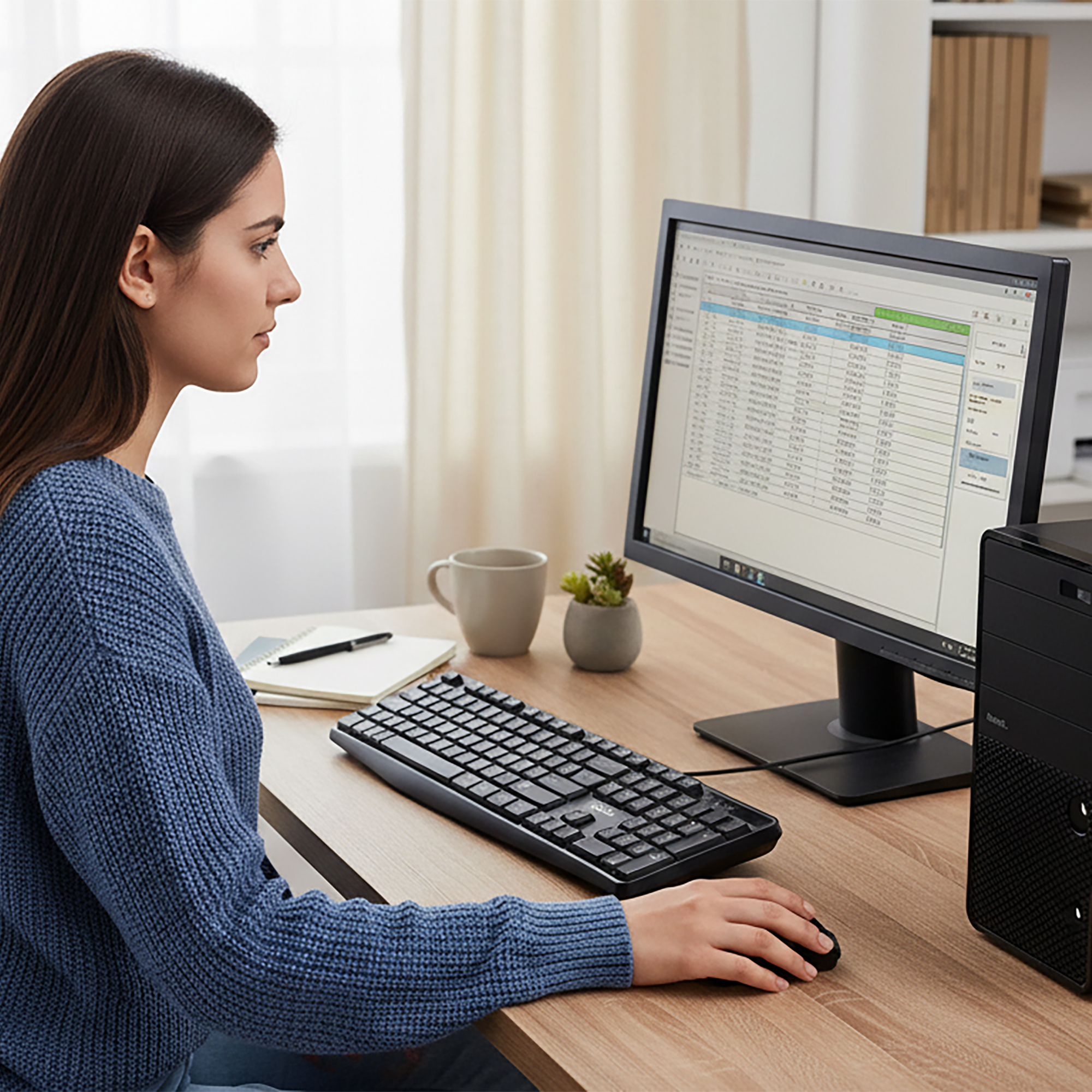 Una donna con i capelli castani è seduta a una scrivania usando un computer.