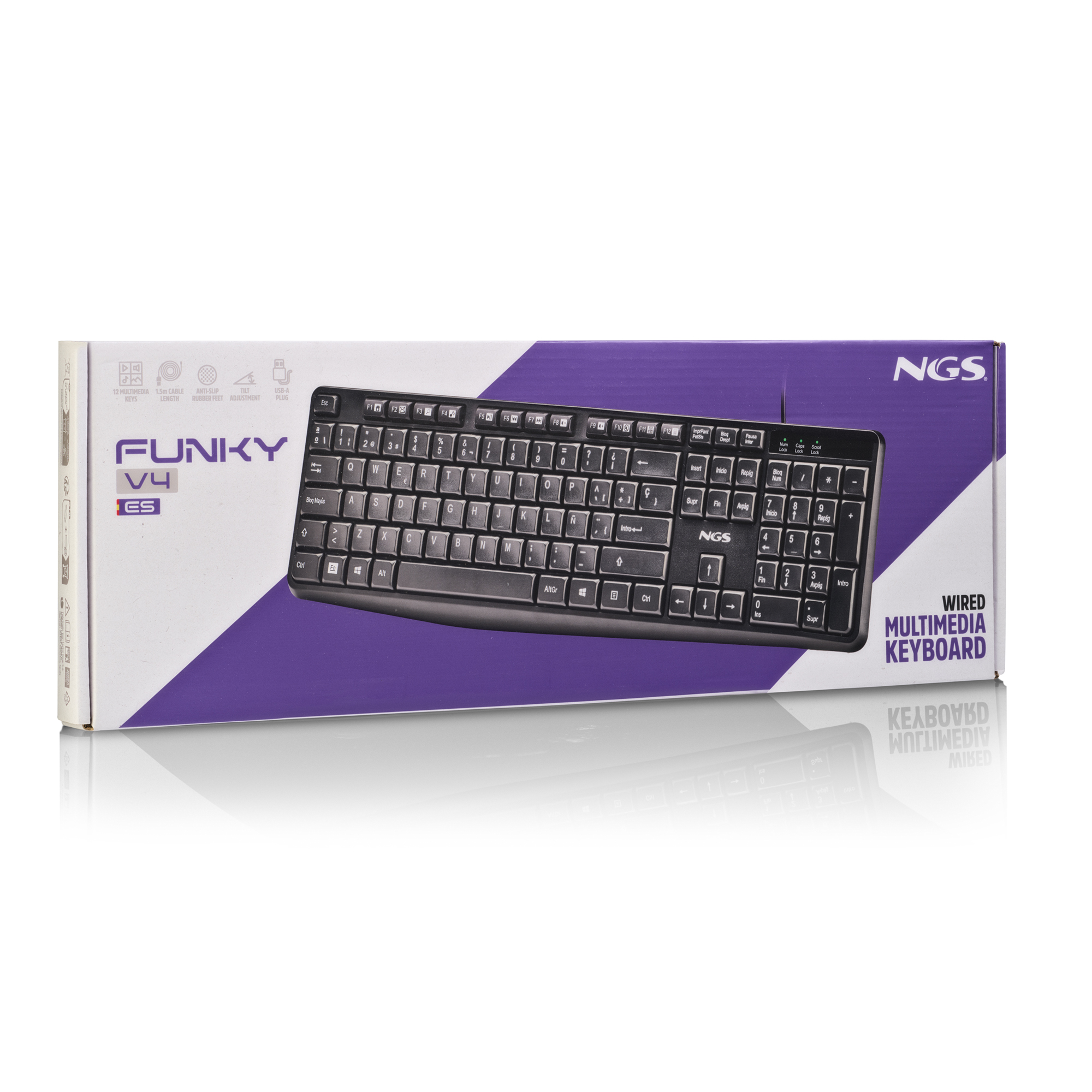 Teclado NGS Funky V4 negro con detalles morados en el empaque.