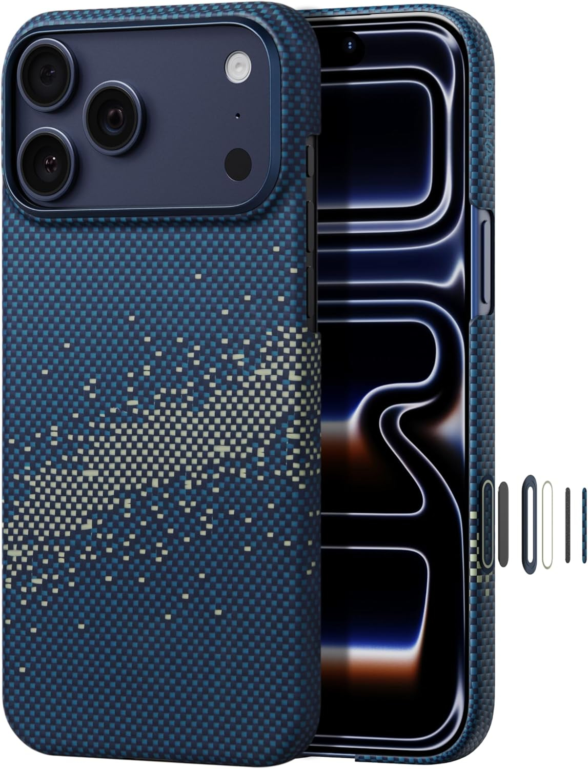 Niebieski telefon w kratkę z trzema aparatami. Część etui brakuje.