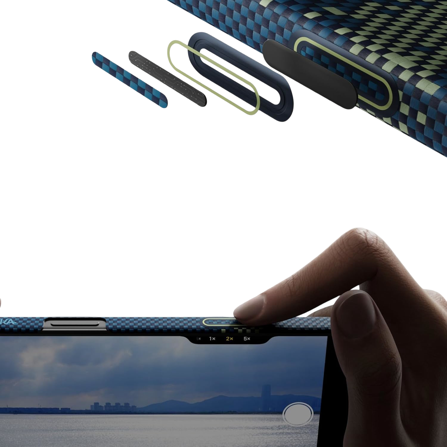 Dłoń obsługuje smartfon z wzorem w kratkę. Widoczne poziomy zoomu 1x, 2x, 5x.