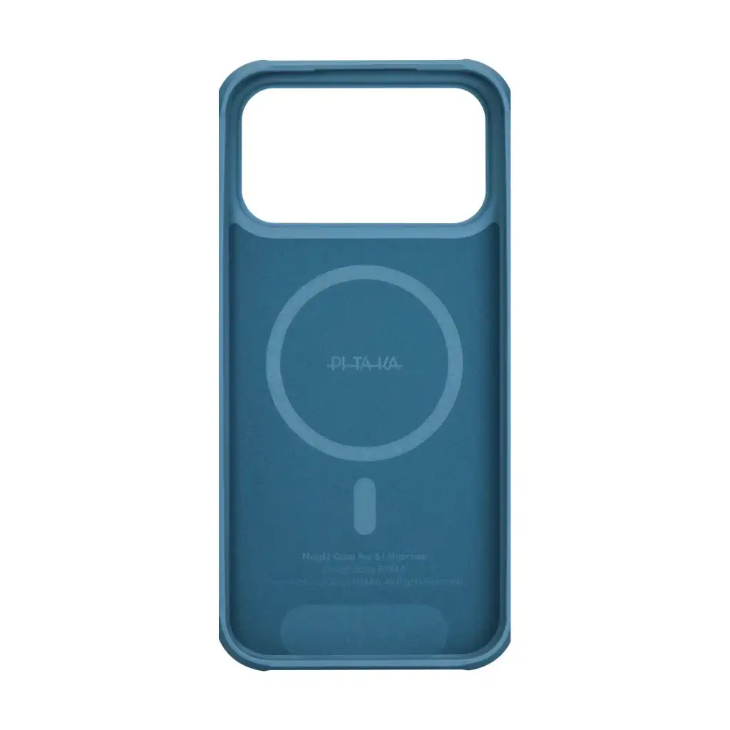 Tył niebieskiego etui na telefon z pierścieniem magnetycznym i logo.