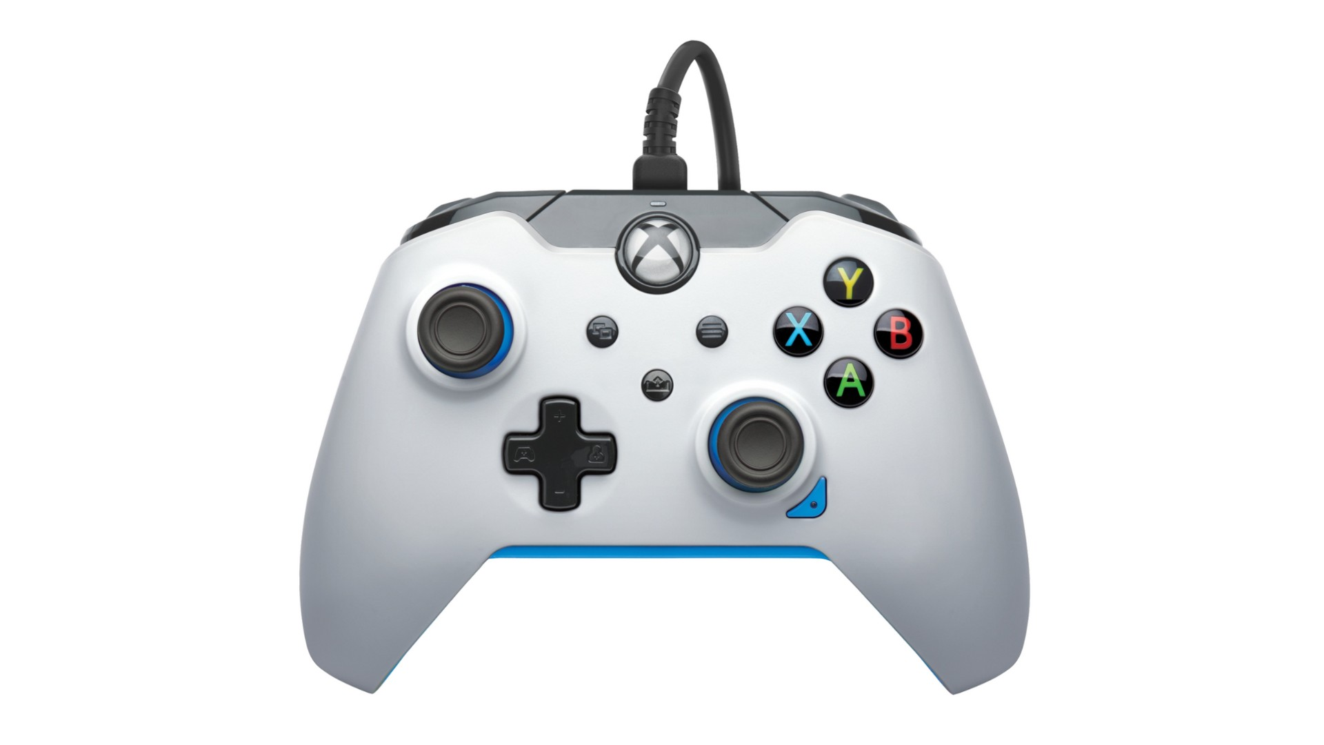 Biały kontroler Xbox z czarnym kablem i niebieskimi akcentami.
