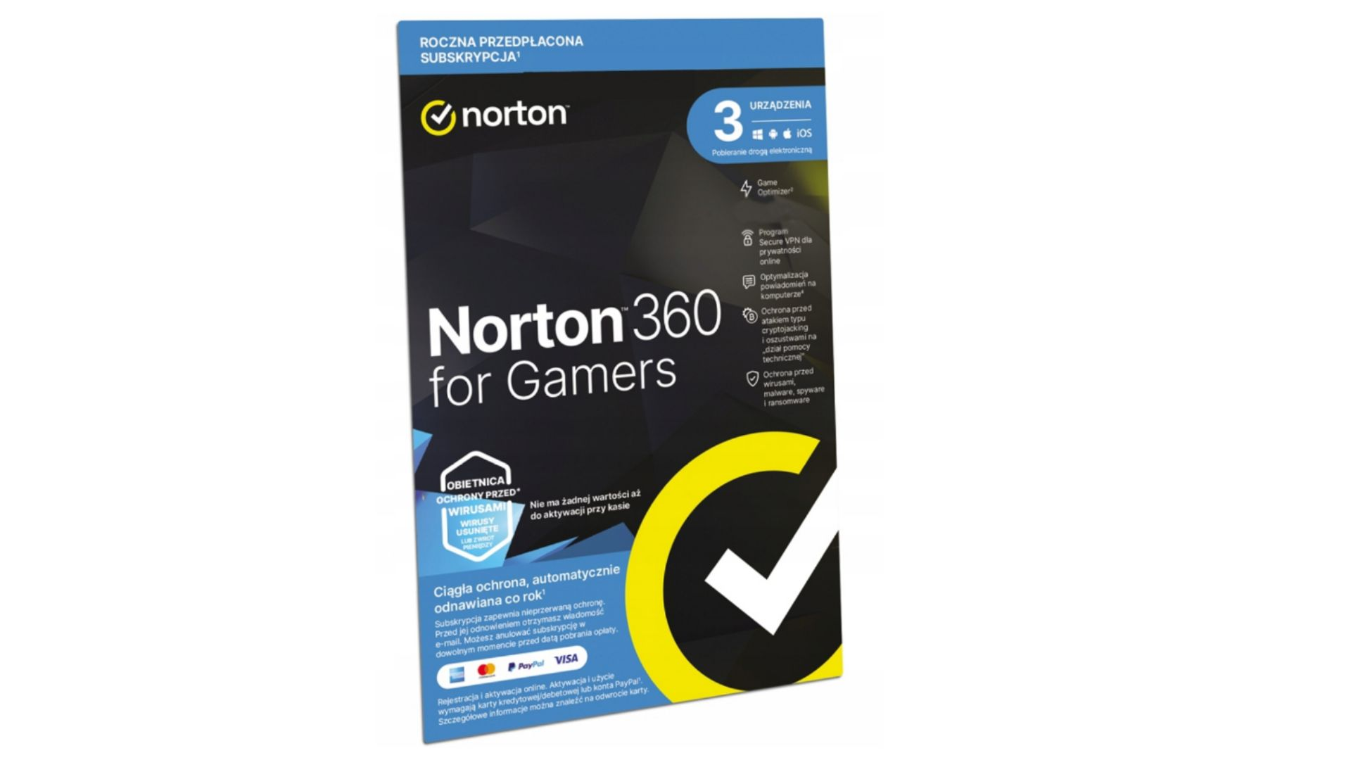 Opakowanie Norton 360 for Gamers z logo, funkcjami i opcjami płatności.