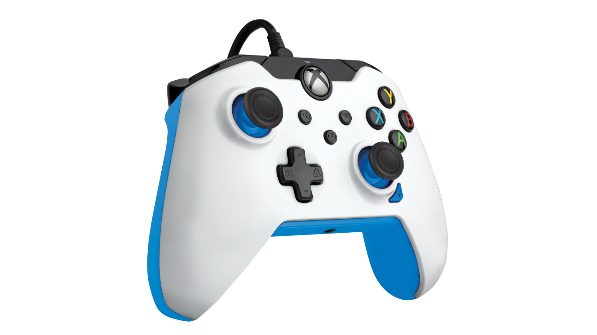 Biały i niebieski kontroler Xbox z czarnymi akcentami i kablem.