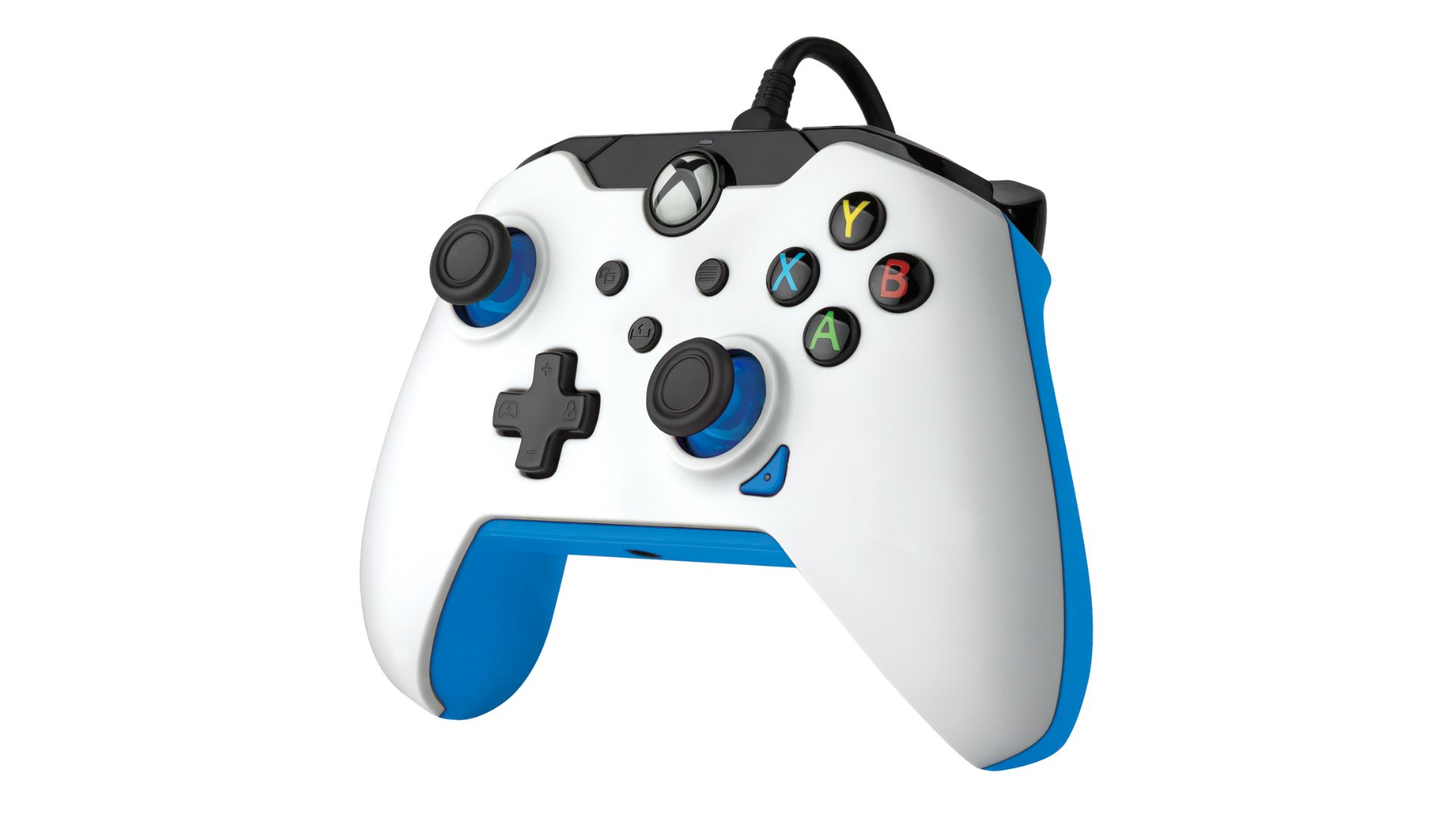 Biały kontroler Xbox z niebieskimi akcentami i czarnymi przyciskami.