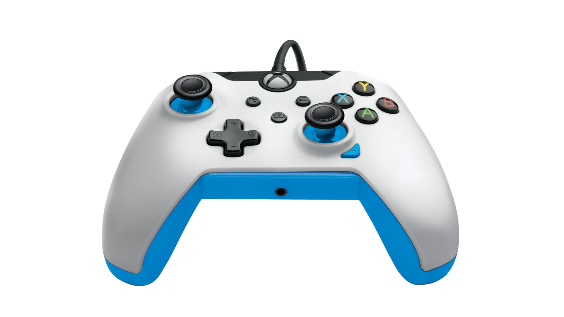 Biały kontroler Xbox z niebieskimi akcentami, czarnymi joystickami i kolorowymi przyciskami.