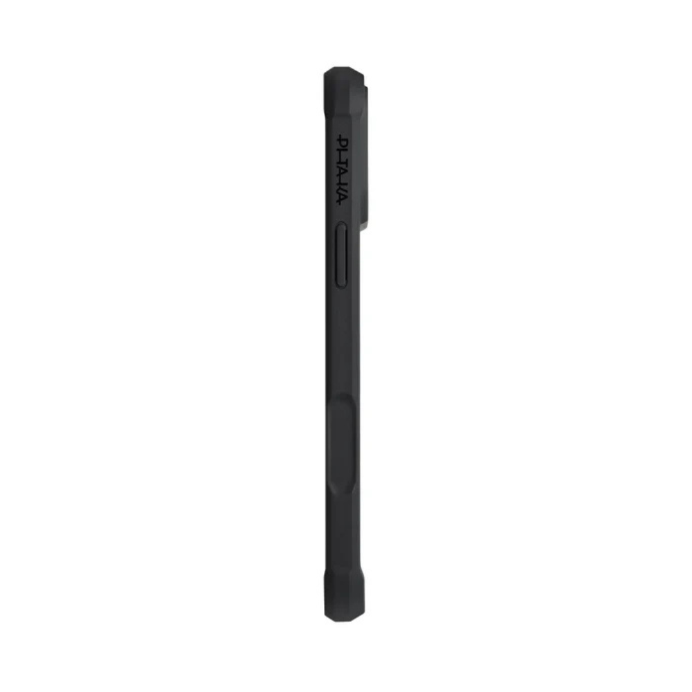 Czarne etui na telefon z logo na białym tle, widok z boku.