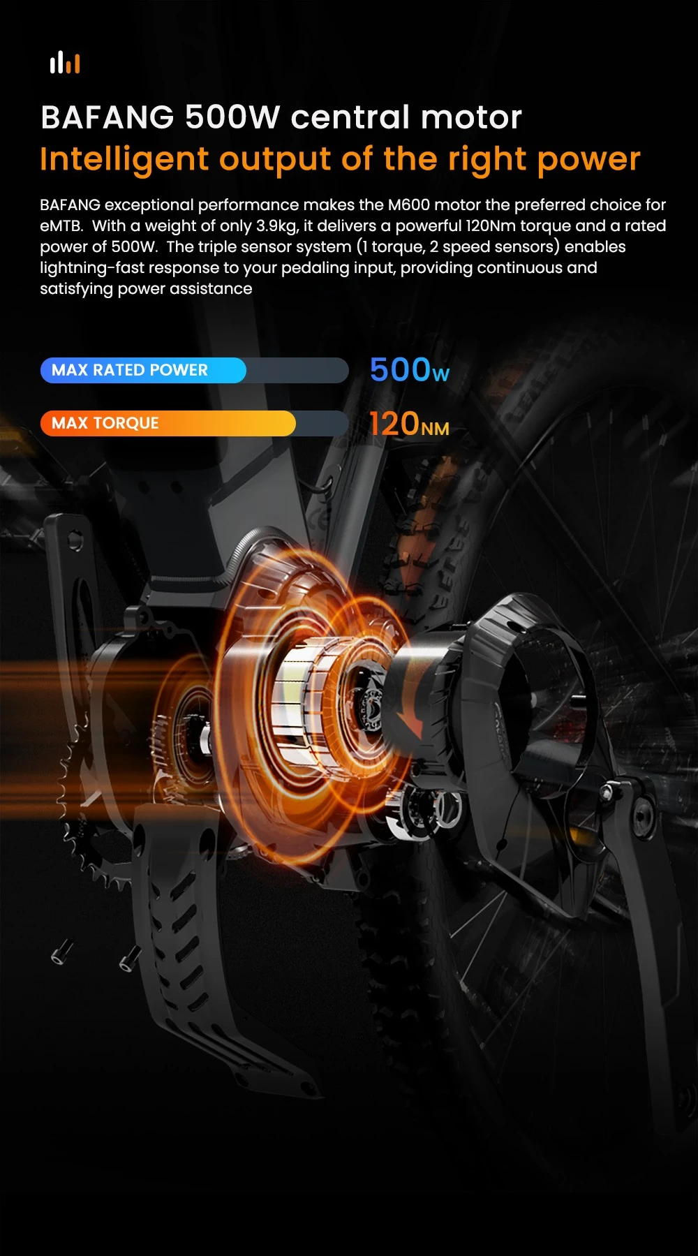 Motore centrale BAFANG 500W: 500W potenza, 120Nm coppia. Vista dettagliata.