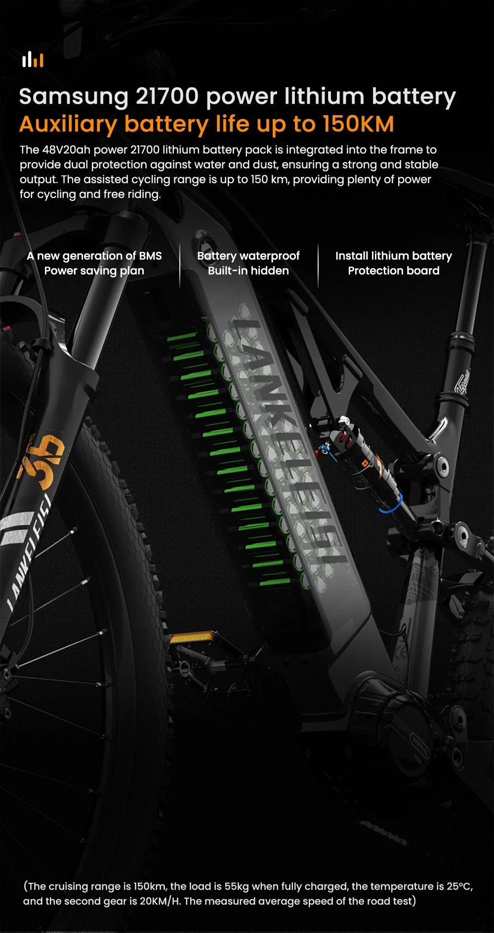 Una e-bike con pacco batteria Samsung 21700 integrato, che offre fino a 150 km di autonomia.