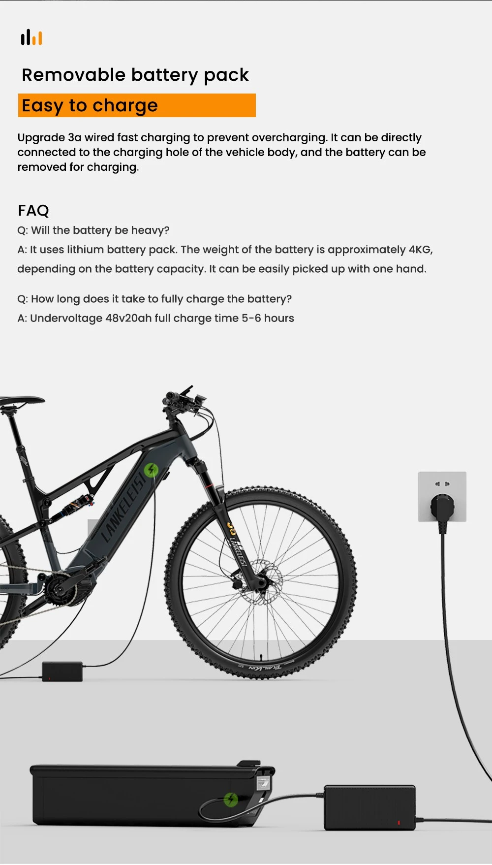 Bicicletta elettrica con pacco batteria rimovibile collegato a un caricabatterie.
