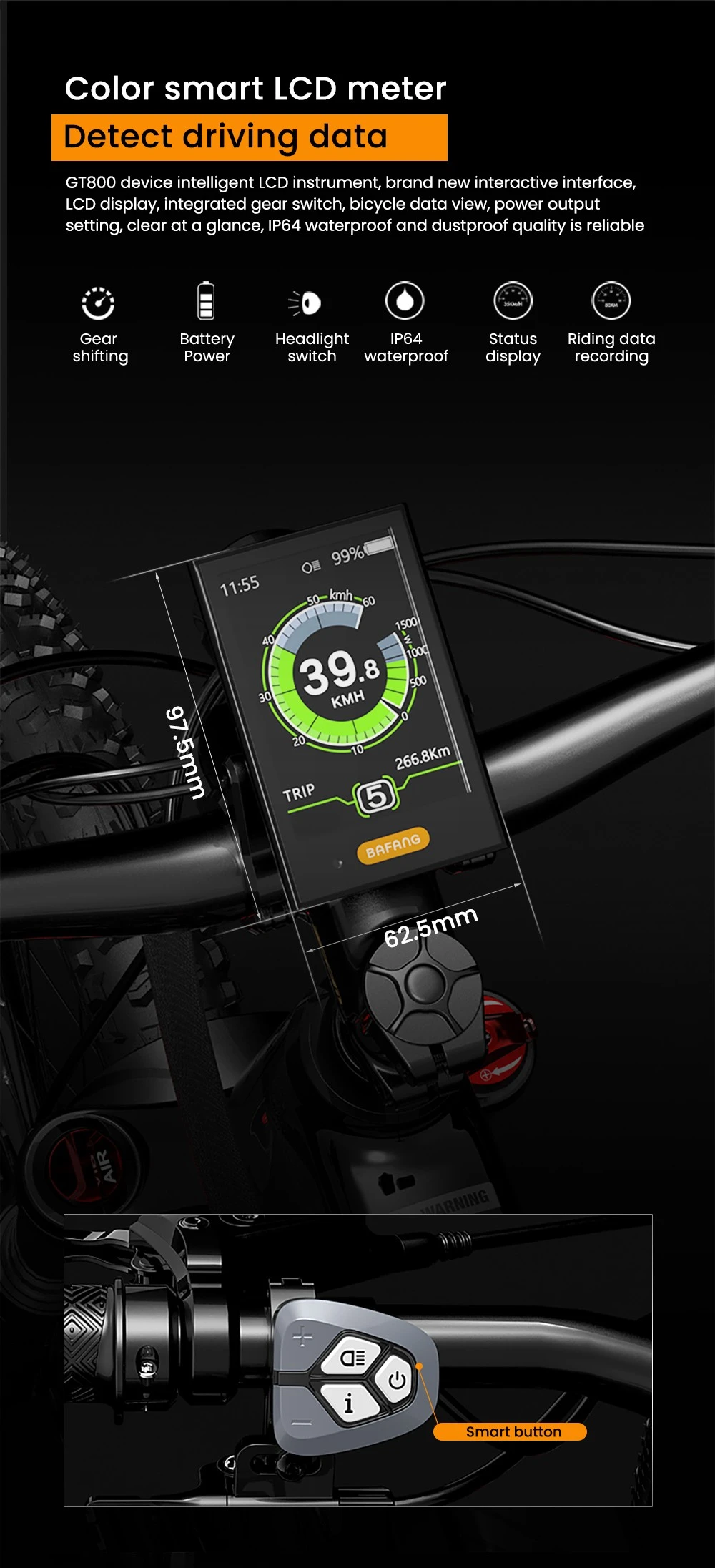 Un computer da bicicletta LCD smart mostra velocità, distanza, carica batteria e ora.